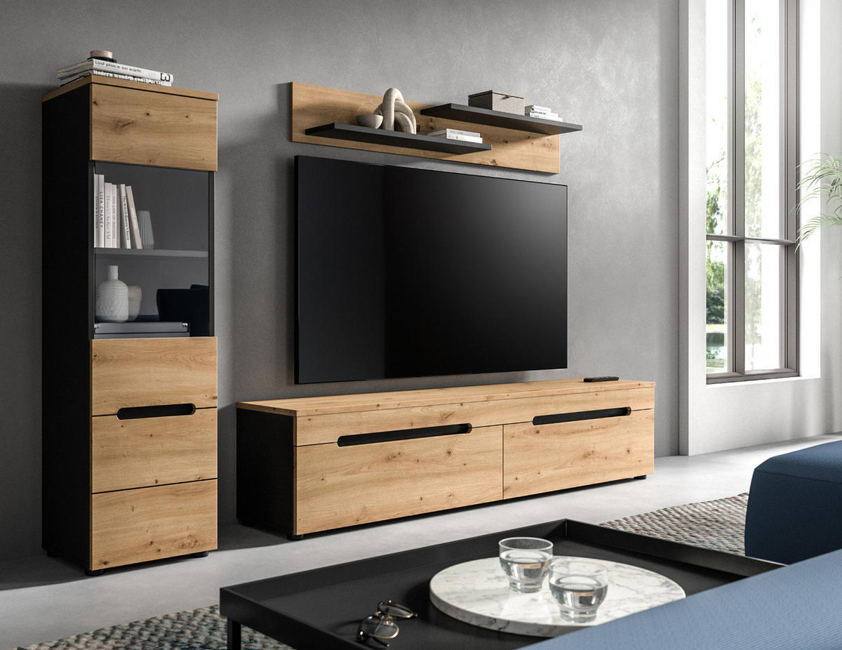 WOHNWAND Eiche Artisan, grau, Kombination 3-teilig 220 cm hängend oder stehend, Soft-Close, Cooper - Schwarz/Eiche Artisan, Glas/Holzwerkstoff (221/141/33cm) - Inn.Furn
