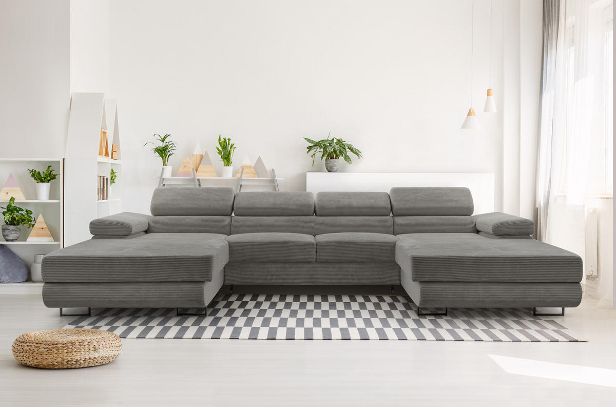 WOHNLANDSCHAFT Arborio Dunkelgrau 352/202/90 cm mit Schlaffunktion - Dunkelgrau/Schwarz, Textil/Metall (352/90/202cm) - AX Living