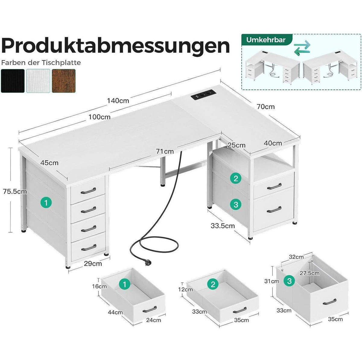 ECKSCHREIBTISCH L-Form Weiß 140x70cm mit USB-Anschluss und Stoffschubladen - Weiß, Holzwerkstoff (140/70/75.2cm)