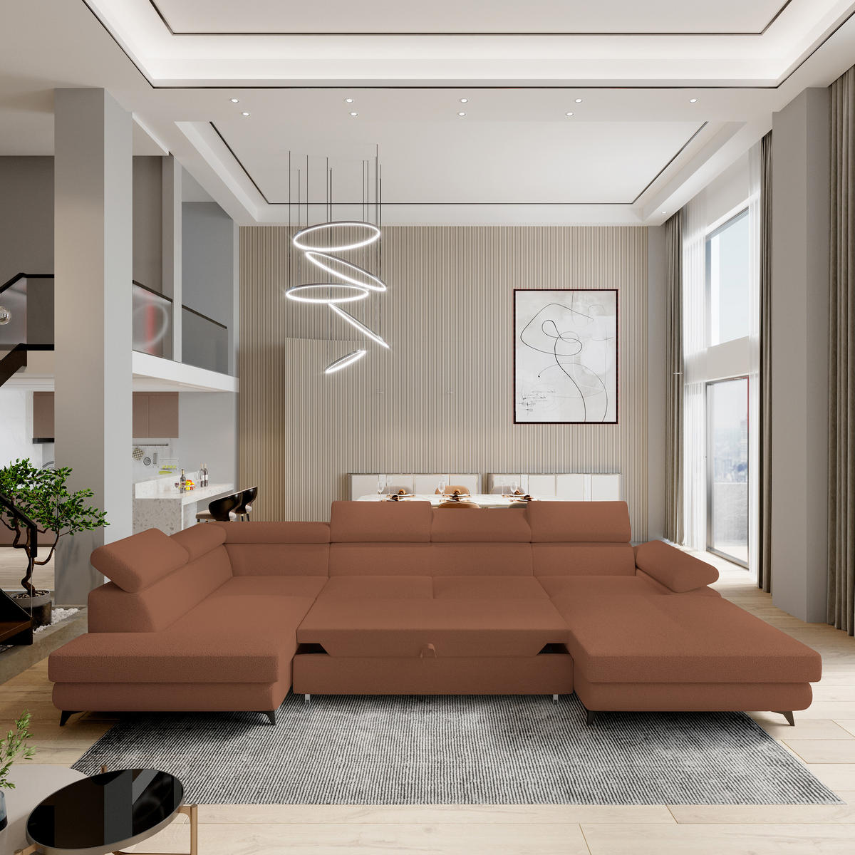 WOHNLANDSCHAFT RUBANO L-S Kupferfarben Boucle-Stoff mit Schlaffunktion - Kupferfarben, Holz (339/89/190cm) - MASSENO