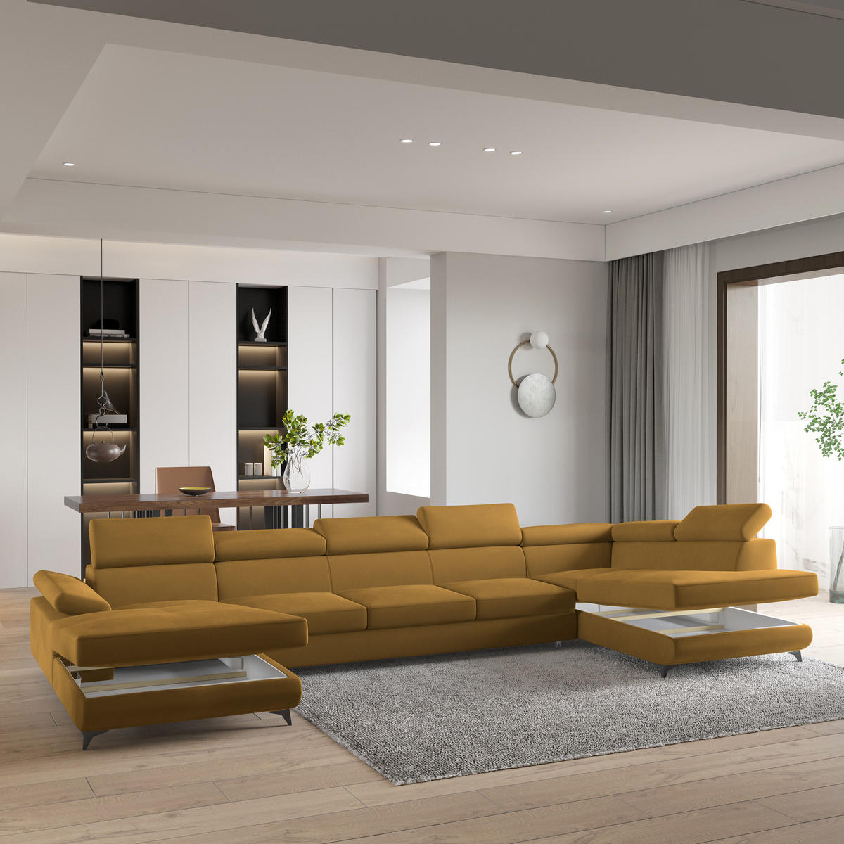 WOHNLANDSCHAFT MONTIVA Gelb Velours-Stoff mit Schlaffunktion - Gelb, Holz (410/89/190cm) - MASSENO