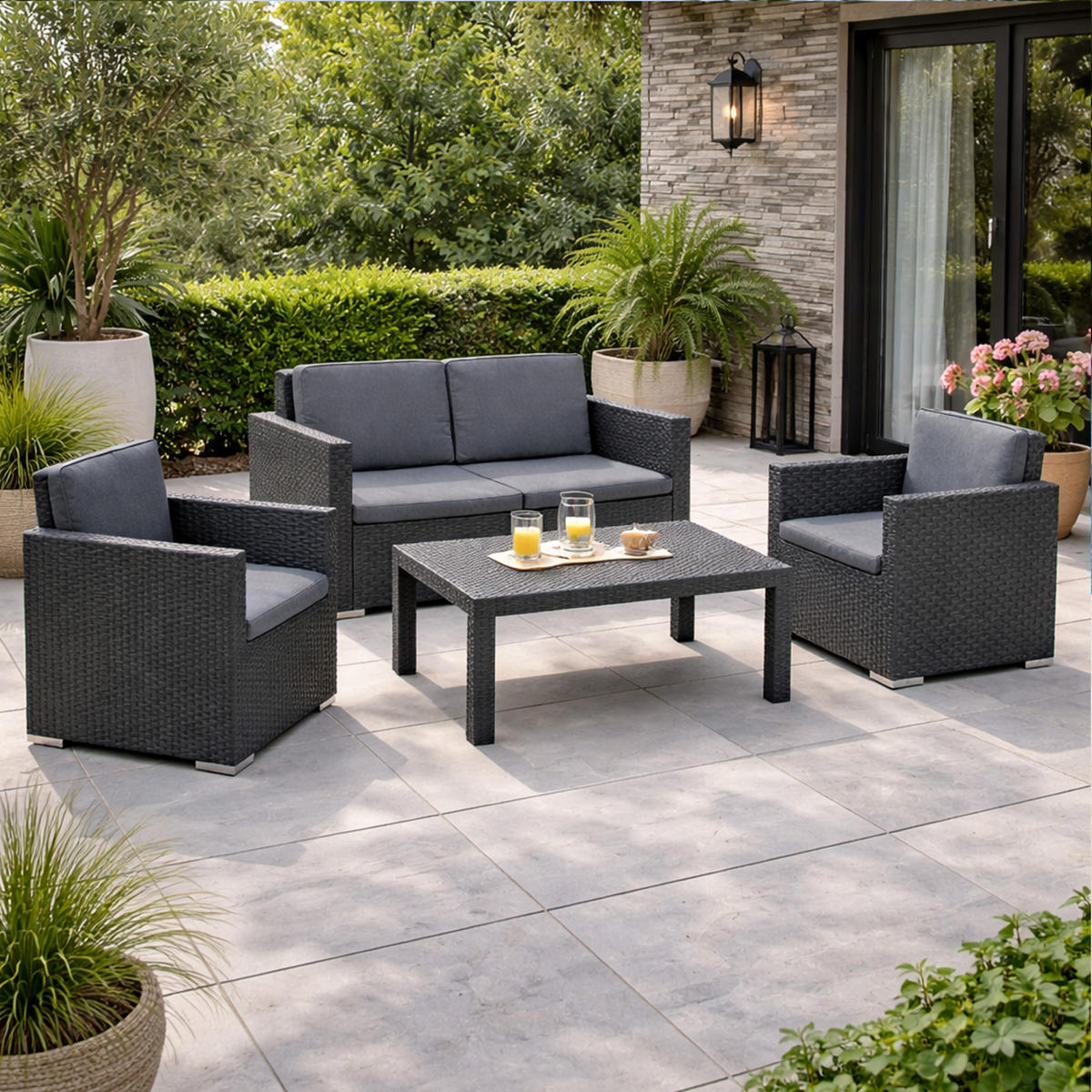 GARTENMÖBEL Lounge Set Rattan Optik - 4tlg. - Anthrazit/Grau, Kunststoff - Bestlivings