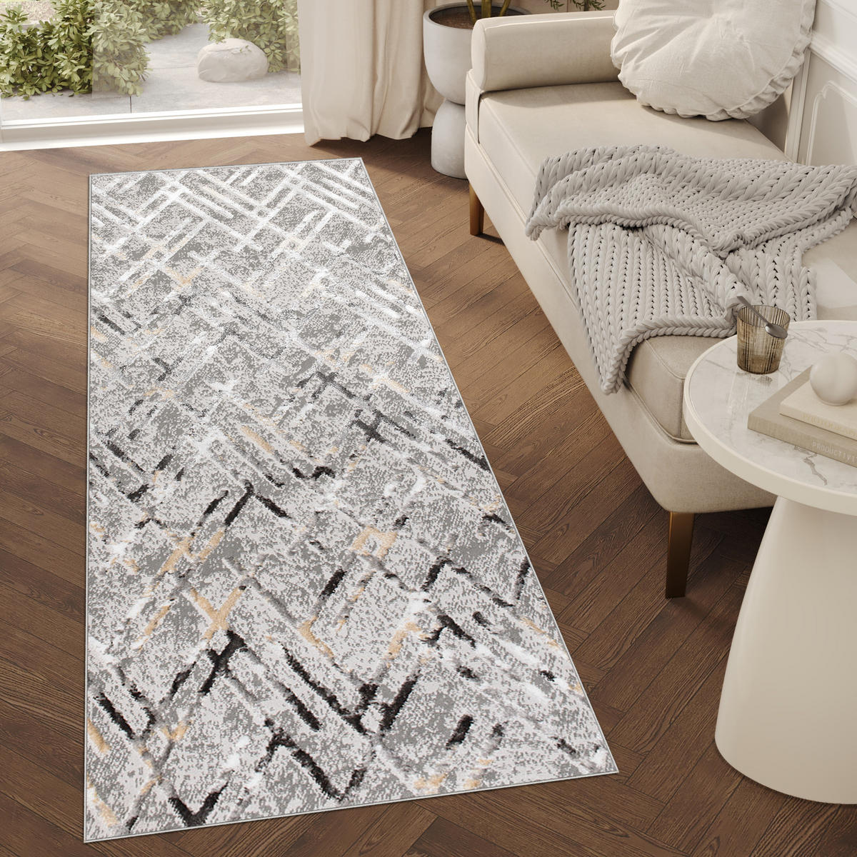 LÄUFER Crystal Hellgrau Marmor Optik 80/1300 cm - Hellgrau, Textil (80/1300cm) - Tapiso