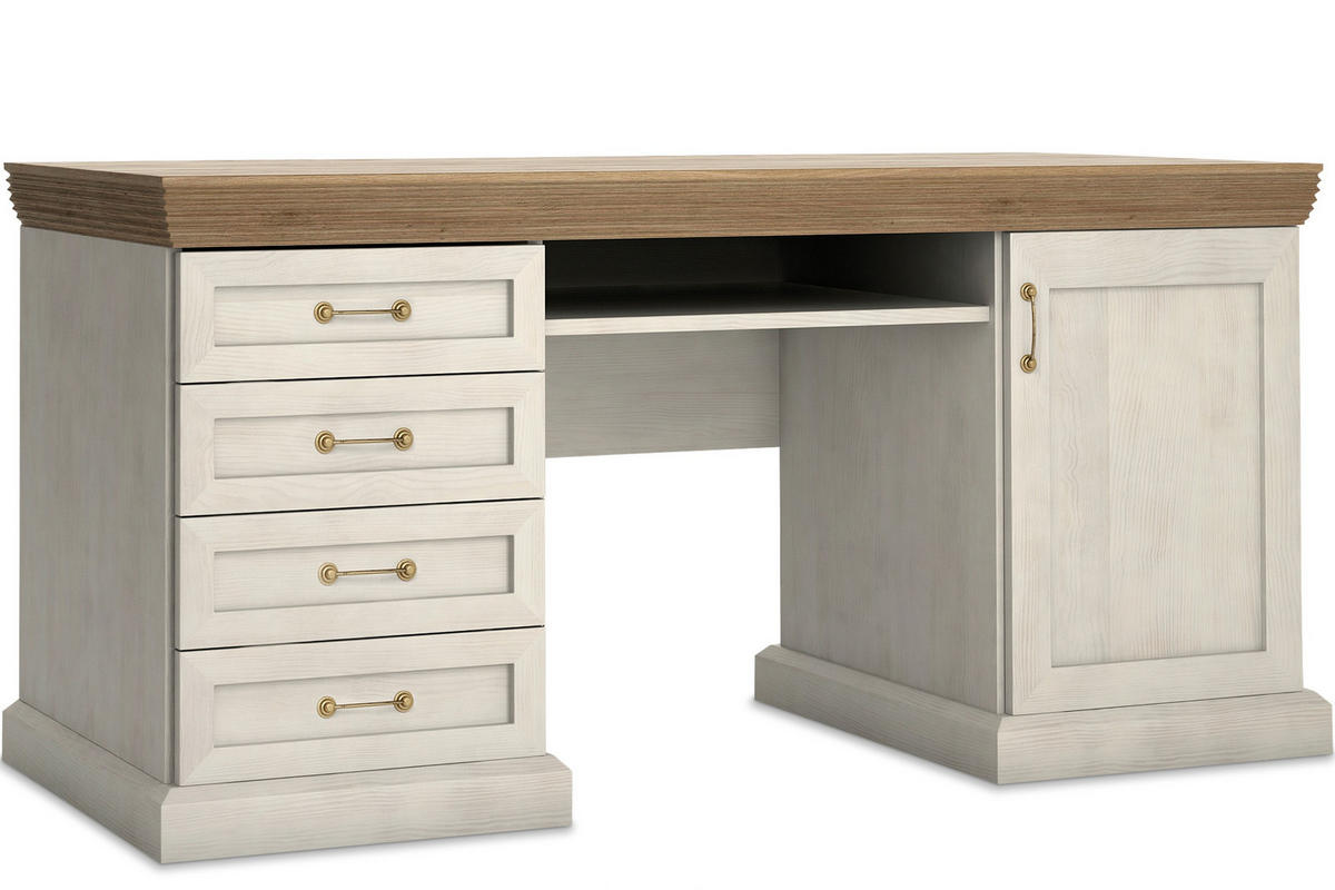 SCHREIBTISCH ARVEN mit Schubladen und Tür, Cremeweiß - Eichefarben/Creme, Holz (55/147/80cm) - KONSIMO®