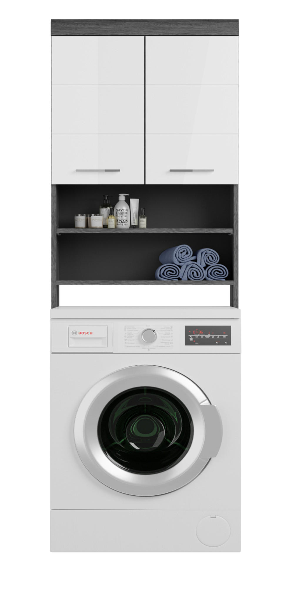 WASCHMASCHINENSCHRANK weiß Hochglanz, grau 63 cm, 6 Fächer - Chromfarben/Weiß Hochglanz, Holzwerkstoff/Kunststoff (63/191/24cm) - Inn.Furn