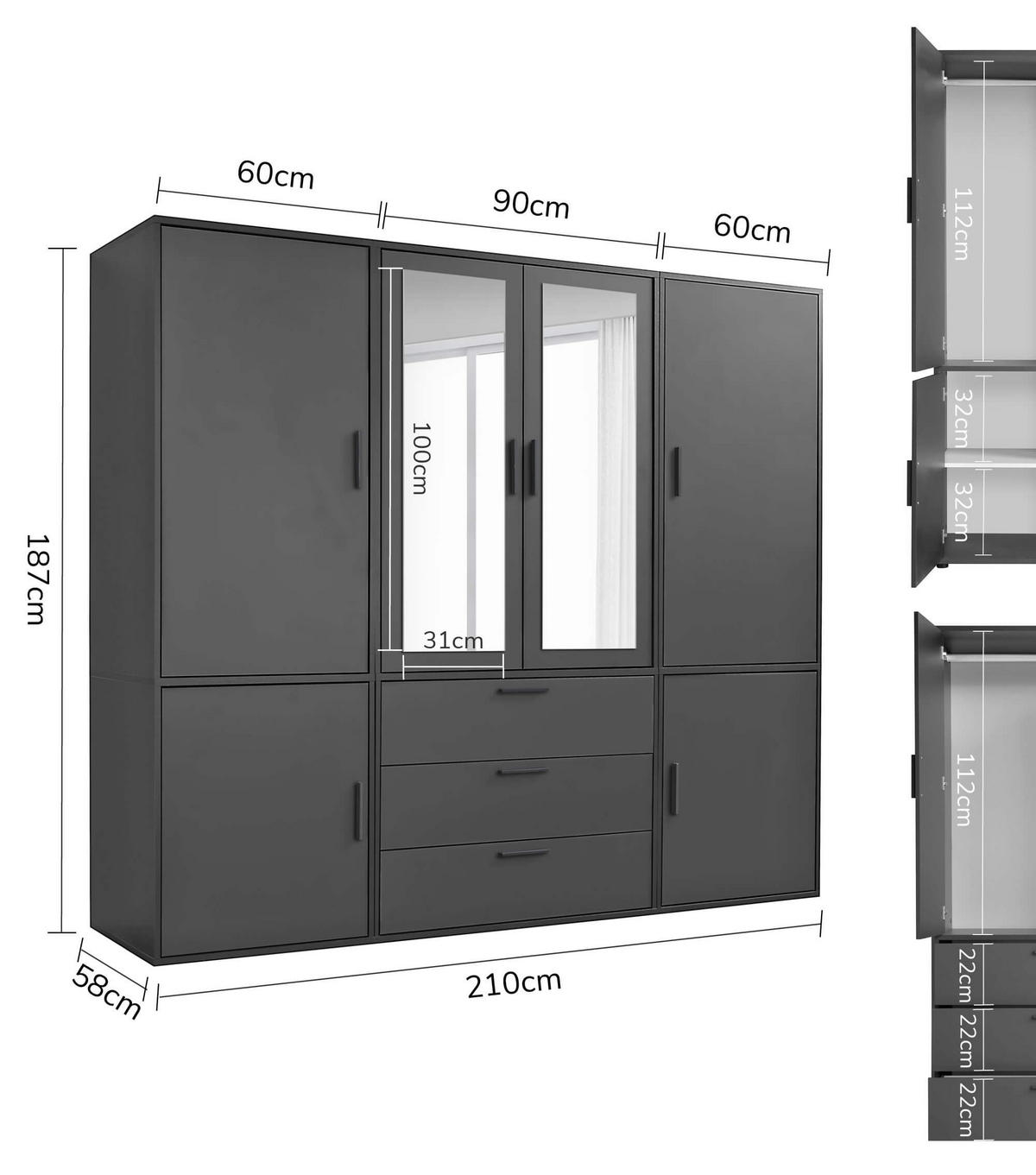 KLEIDERSCHRANK mit Spiegel Der Grenzenlose - Anthrazit, Holzwerkstoff (210/187/58cm) - Mokebo