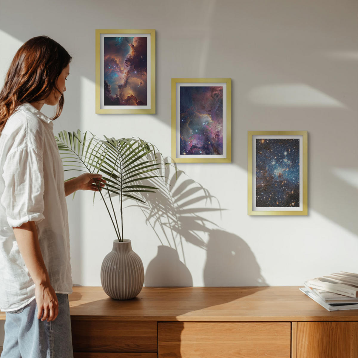 WANDBILDER 3er Set - 20x30 cm Goldrahmen - Kosmische Sternenlandschaften - Goldfarben, Kunststoff (20/30cm) - ArtPrintCave