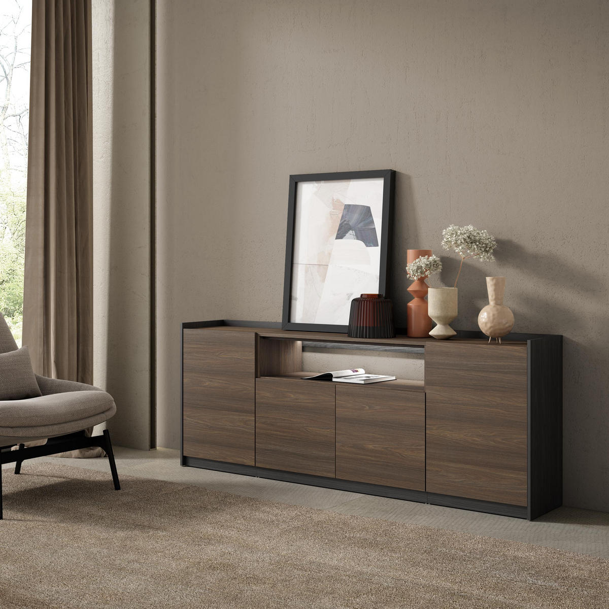 SIDEBOARD, Dunkler Eiche und Schwarz, 207/37/80cm, mit Led - Dunkelbraun, Holzwerkstoff (207/80/37cm) - Skraut Home