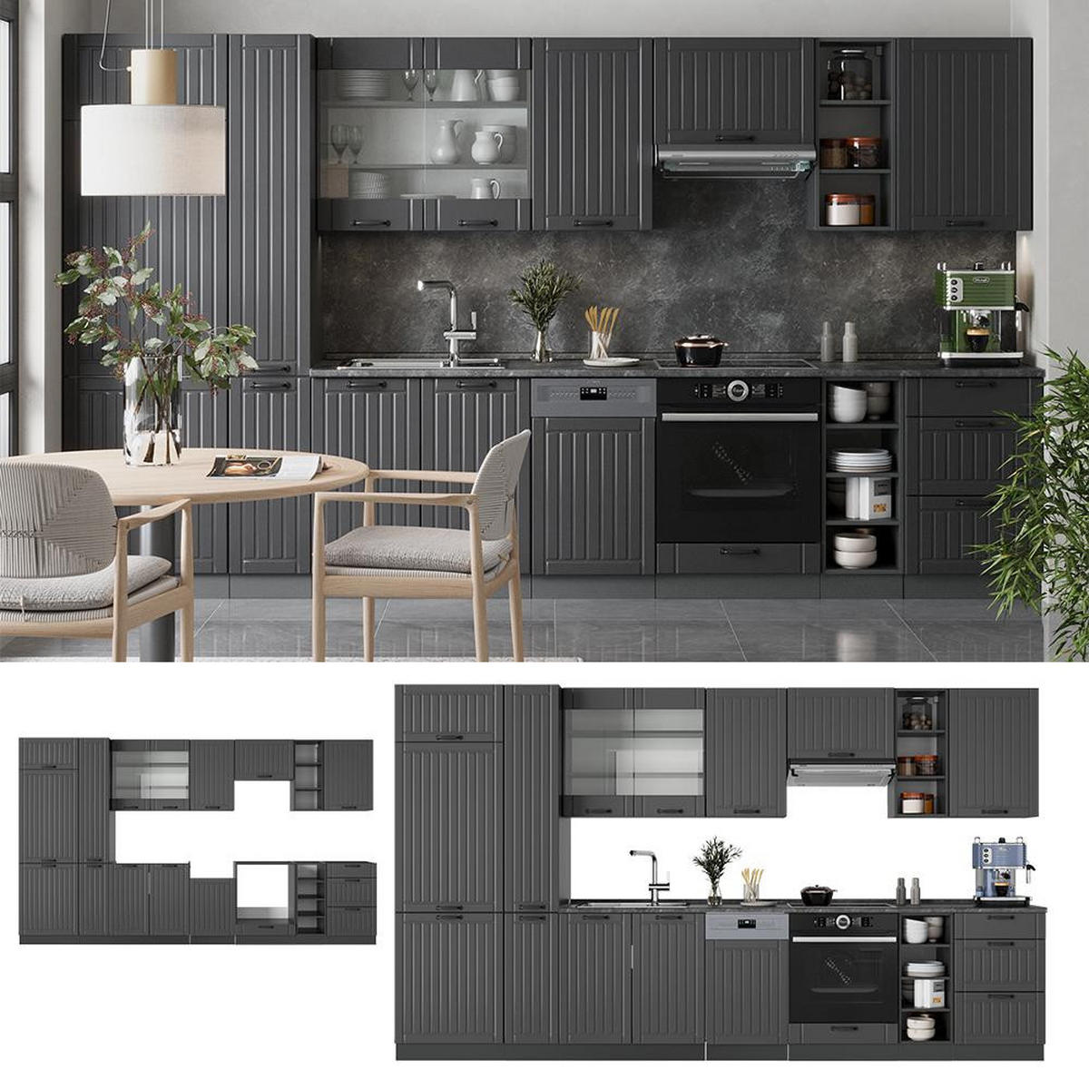 CHICINETĂ Fame-Line Gri închis 355 cm fara blat - gri închis/antracit, compozit lemnos (355/206.8/51.6cm) - Vicco