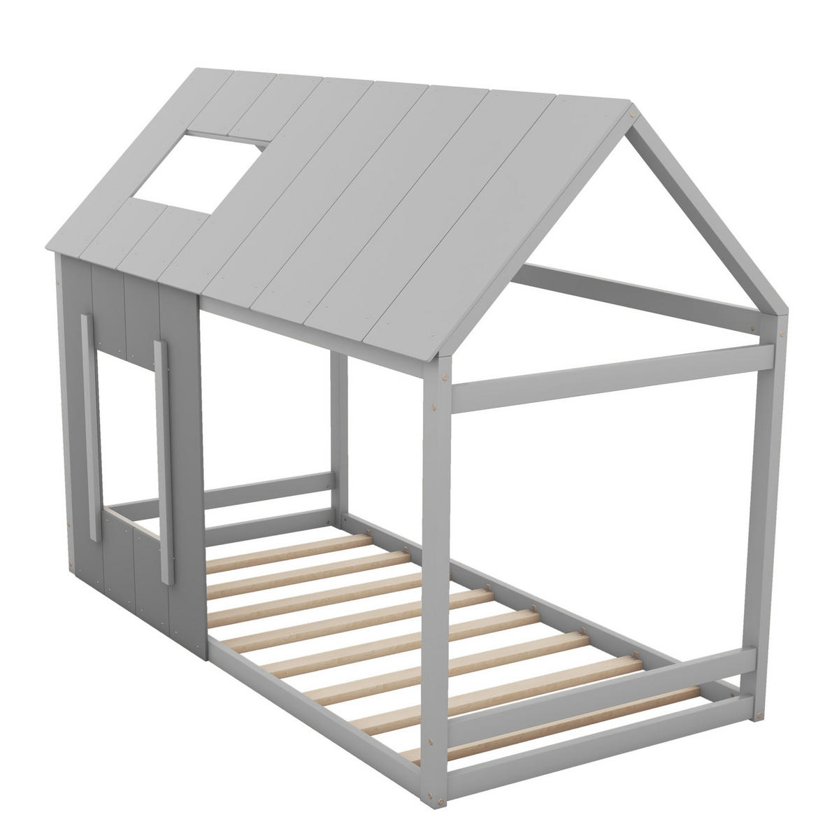 KINDERBETT 90/200 cm in Hausform mit Dach und Fenster aus Kiefern und MDF, Grau - Grau, Holzwerkstoff (90/200cm) - Redom