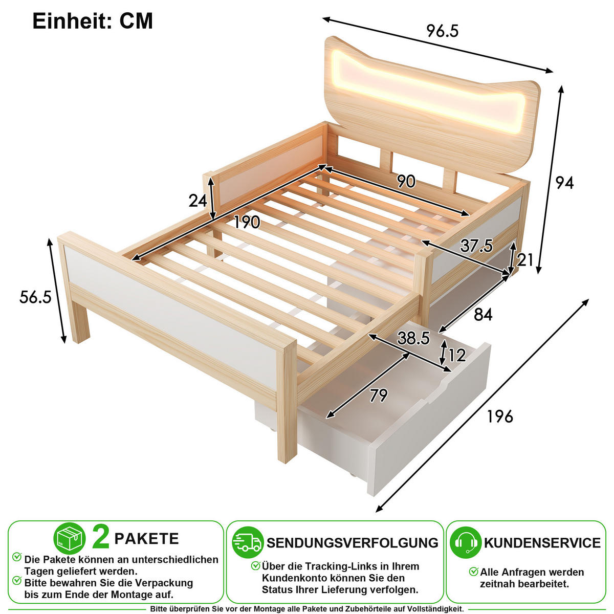 KINDERBETT 90/190 cm in Weiß & Eiche mit Schublade, LED und Schutzgitter - Weiß, Holz/Holzwerkstoff (90/190cm) - CHICFURN