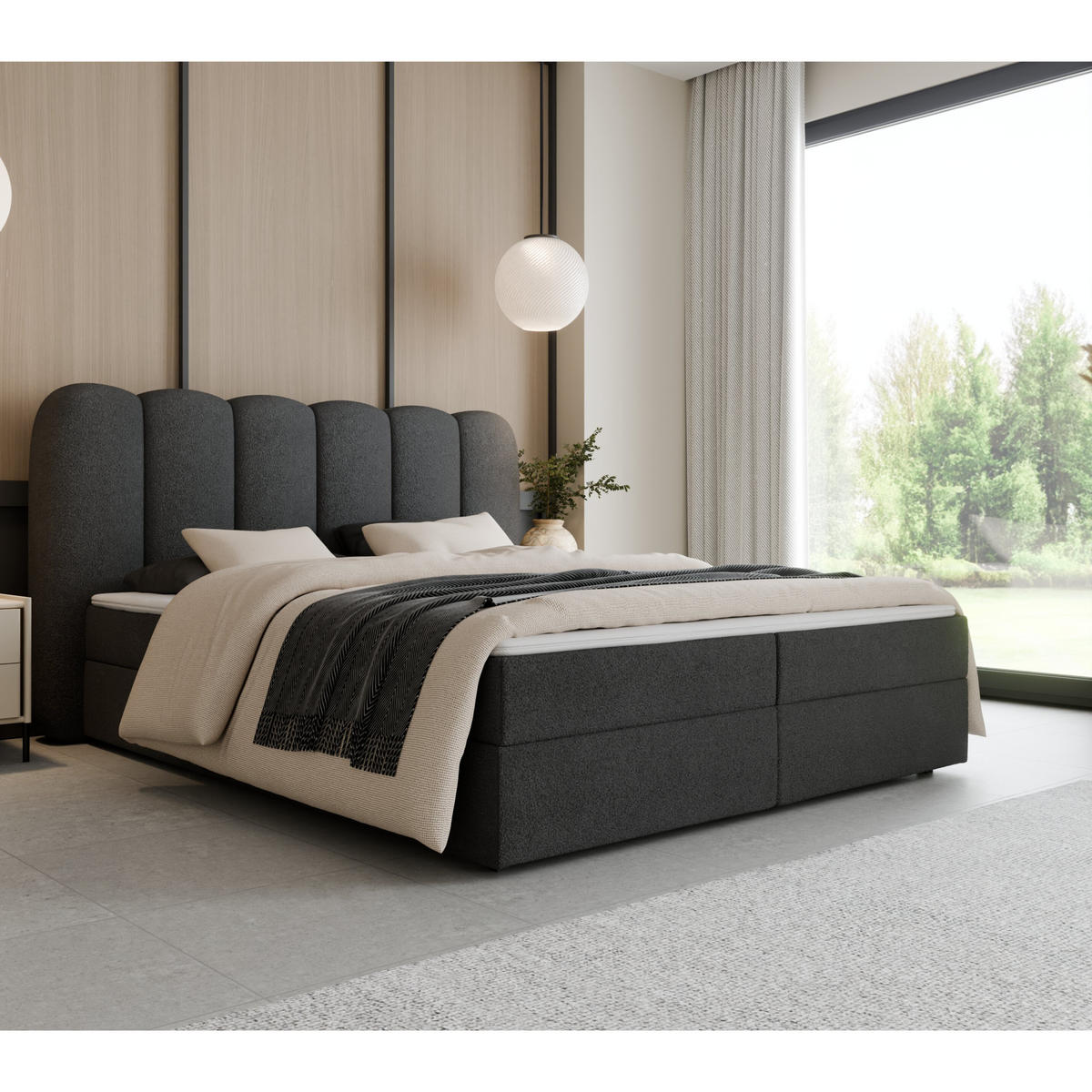 BOXSPRINGBETT SOFTI 160x200 cm, Anthrazit Bouclé, inkl. Bettkasten & Topper - Anthrazit, Textil (160/200cm) - Excellent Home