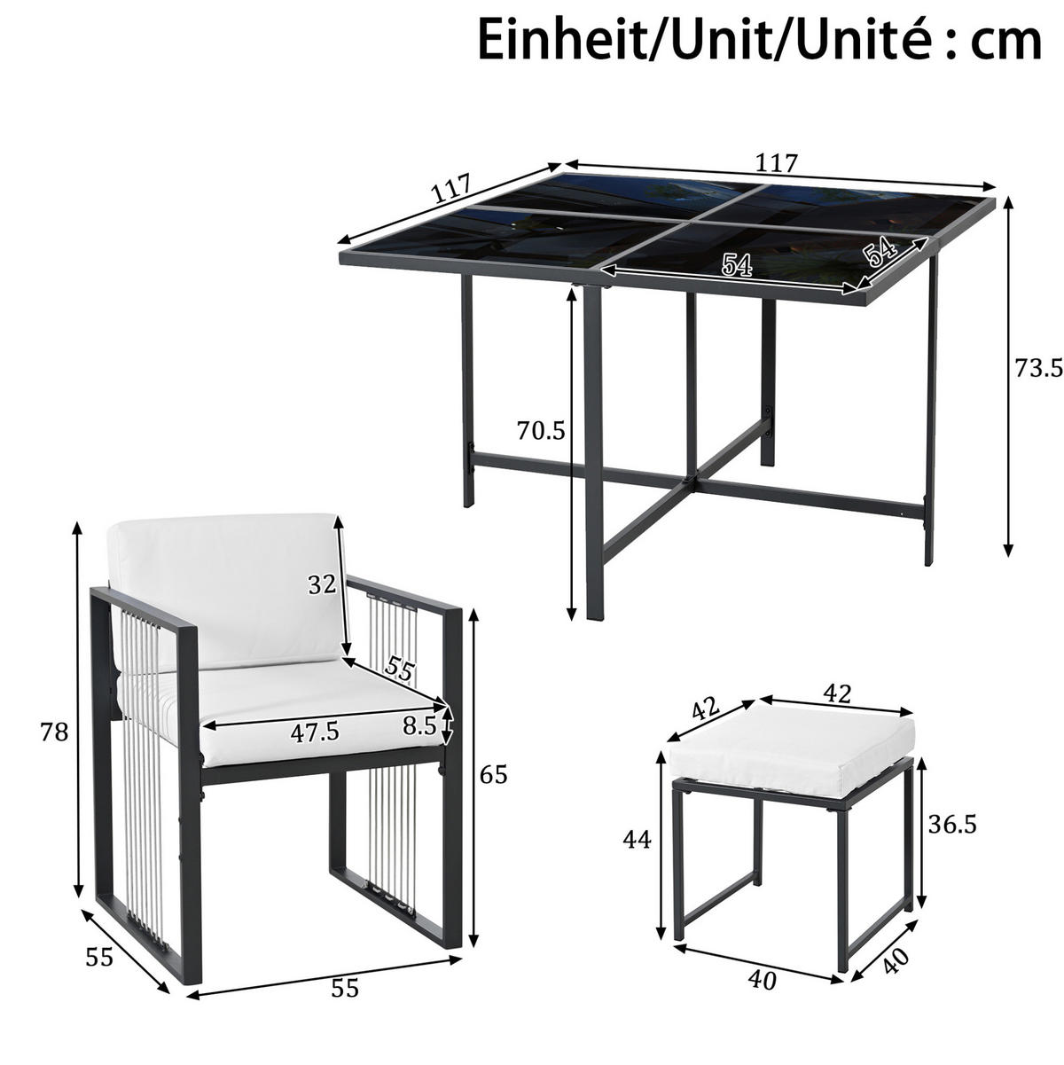 GARTENMÖBELSET 117/117 cm schwarz/weiß aus Metall und Glas mit Kissen - Schwarz, Metall - OKWISH