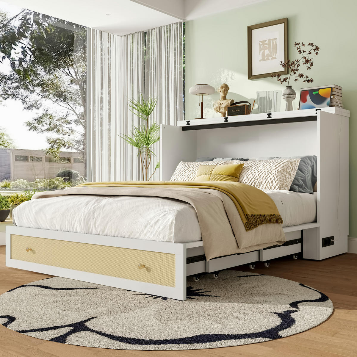 SCHRANKBETT 140x200cm Weiß Schubladen Regal USB Steckdose mobiles Bett - Weiß, Holz (140/200cm) - FLIEKS