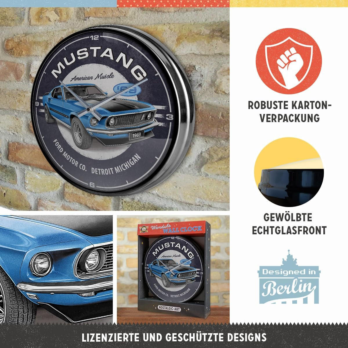 WANDUHR 31 cm Ford Mustang 1969 Mach 1 Blue - Blau/Grau, Metall (31/31/5cm) - Nostalgic-Art