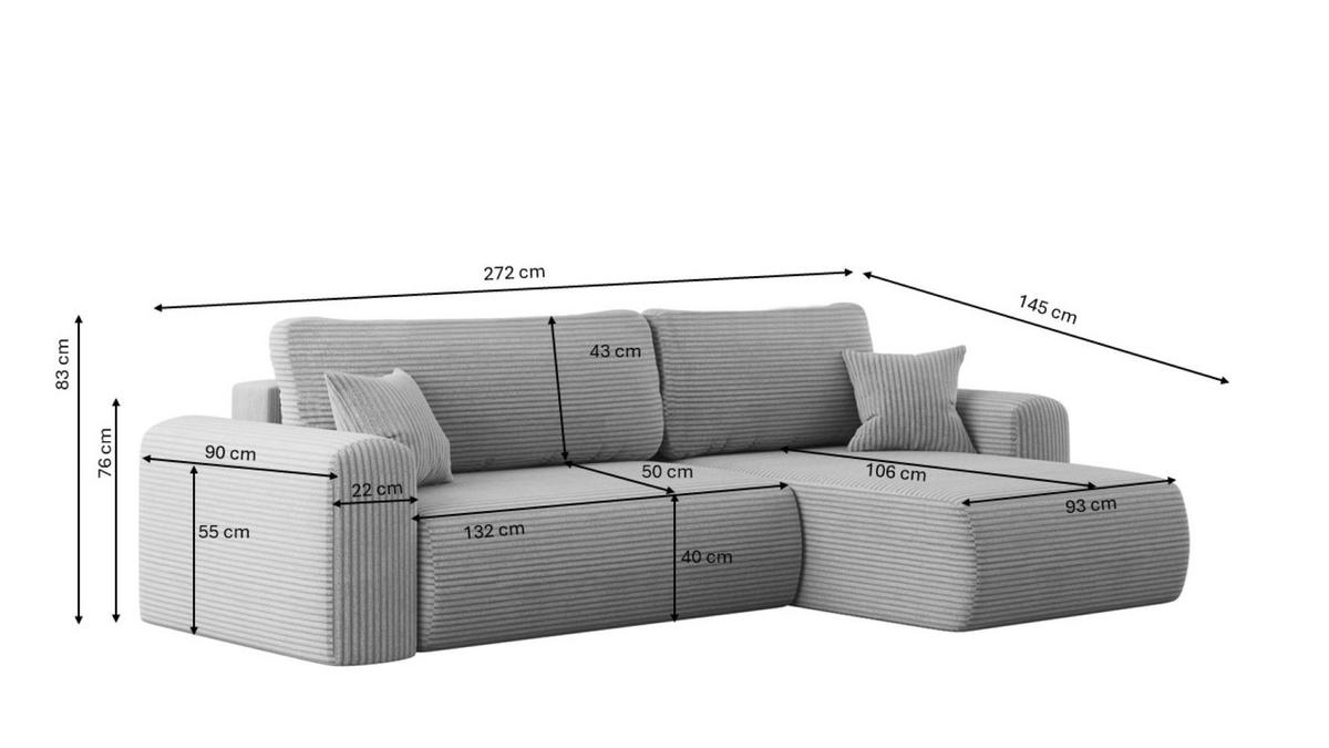 ECKSOFA Mit Schlaffunktion und Stauraum für Bettzeug Capri Stoff Poso Hellgrau Rechts - Hellgrau, Holz/Textil (272/145cm) - Kaiser Möbel