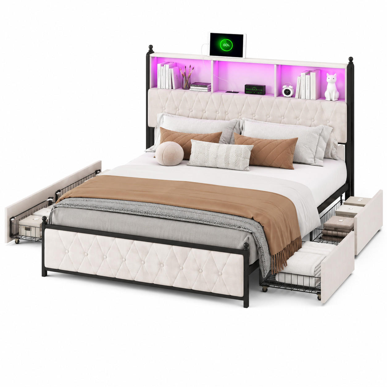 POLSTERBETT 180/200 hydraulisch mit Stauraum, LED und USB-Kopfteil - Beige, Holz/Metall (180/200cm) - Joyfair