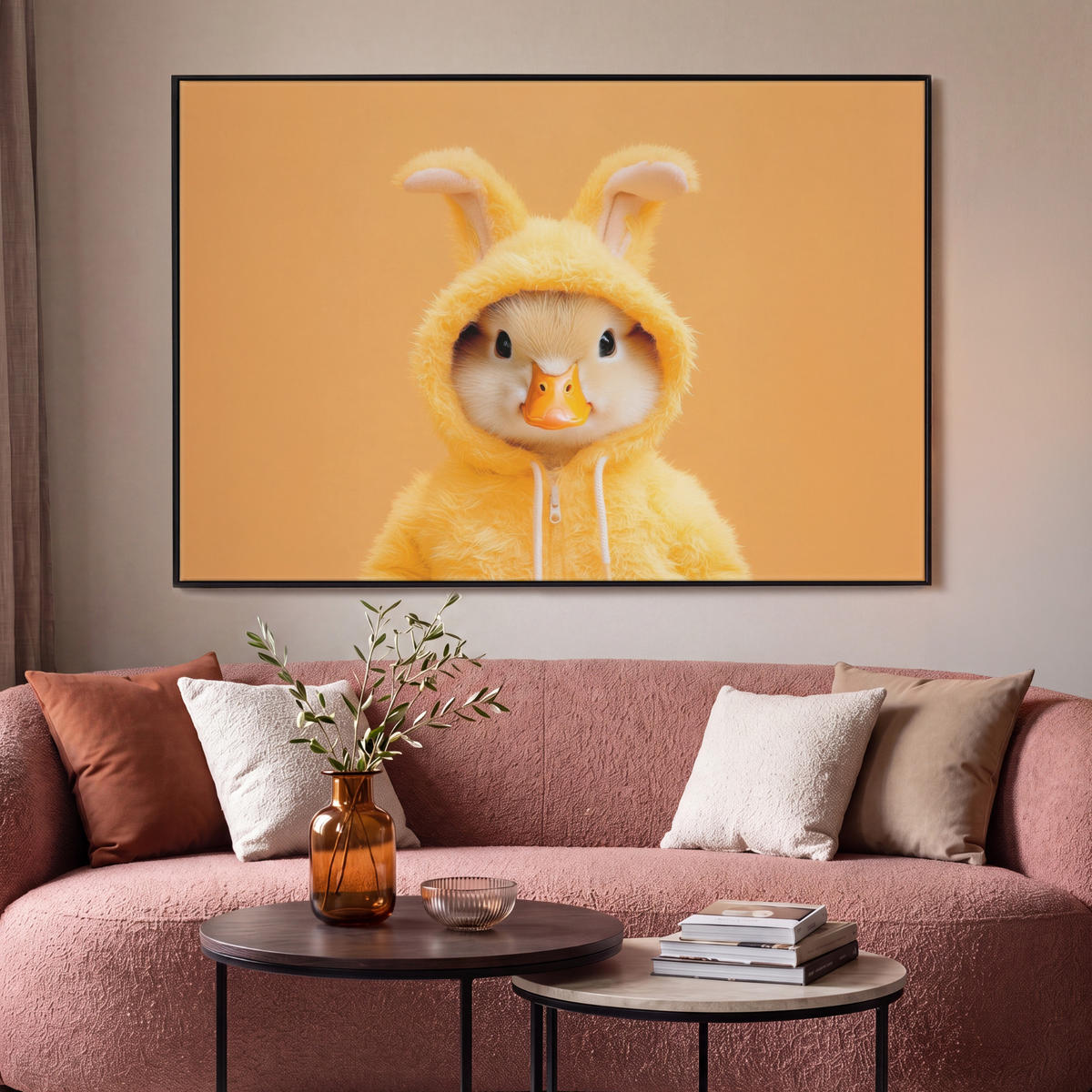 LEINWAND Bilder mit Rahmen - Osterhase - Kostüm - Ente - 120x80 - Gelb, Textil (120/80cm) - MuchoWow