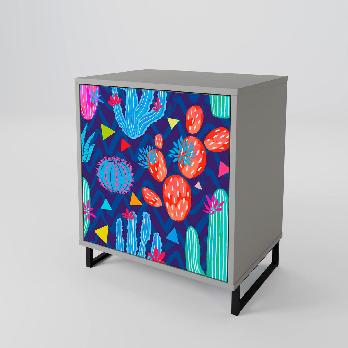 SIDEBOARD CACTUS VIBES, Grau, 57,5x42x77,5 cm, Schräge Buchenholzfüße - Buchefarben/Multicolor, Holzwerkstoff/Buchenholz (57.5/77.5/42cm) - SpaceRebels