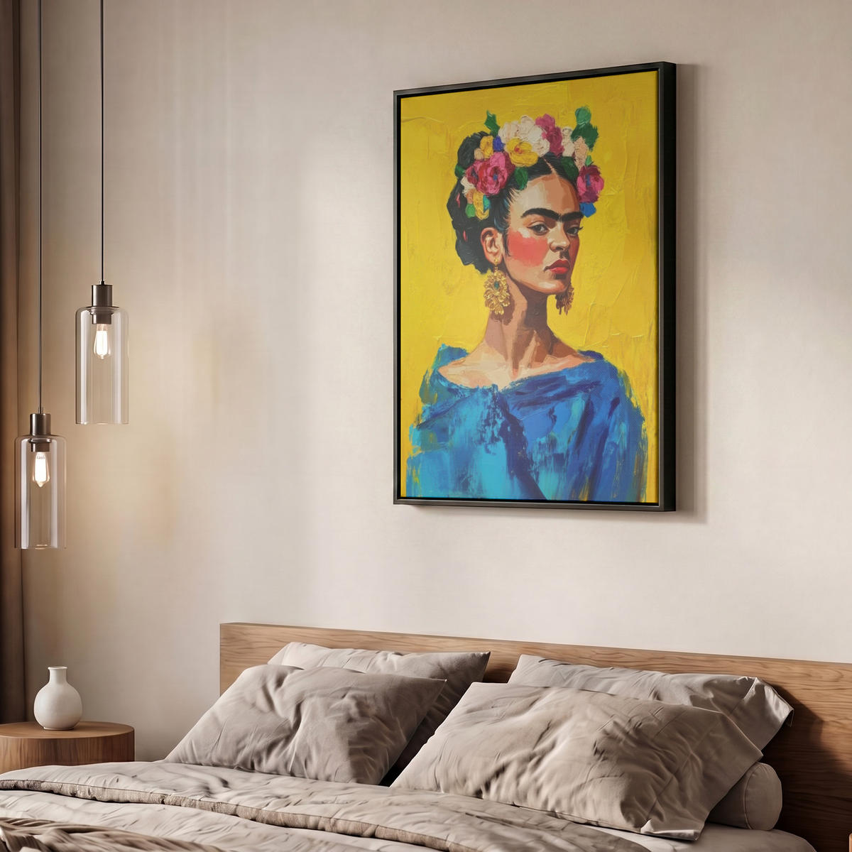 LEINWAND Bilder mit Rahmen - Frida Kahlo - Frau - Gelb - Blau - Blumen - 60x80 - Gelb, Textil (60/80cm) - MuchoWow