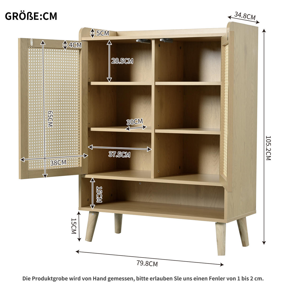 SCHUHSCHRANK 80/35/105 cm mit 2 Türen, 5 Böden und Push-to-Open in Eiche - Naturfarben, Holzwerkstoff (80/105/35cm) - BEAOK