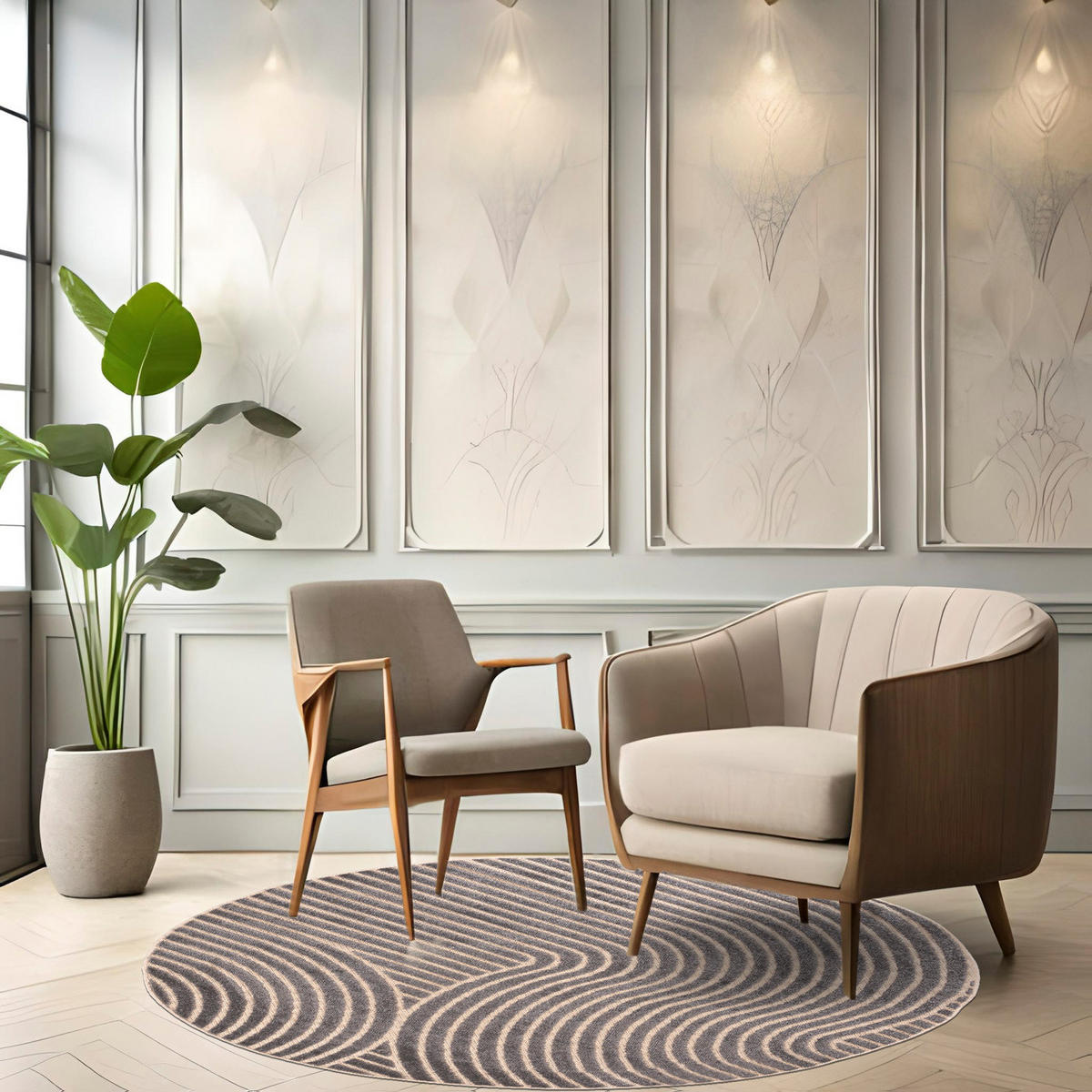 TEPPICH Grau Rund Geometrisch - Kurzflor Rund - Minimalistisch, Stilvoll - 150 x 150 cm - Beige/Grau, Textil (150/150cm) - Mazovia