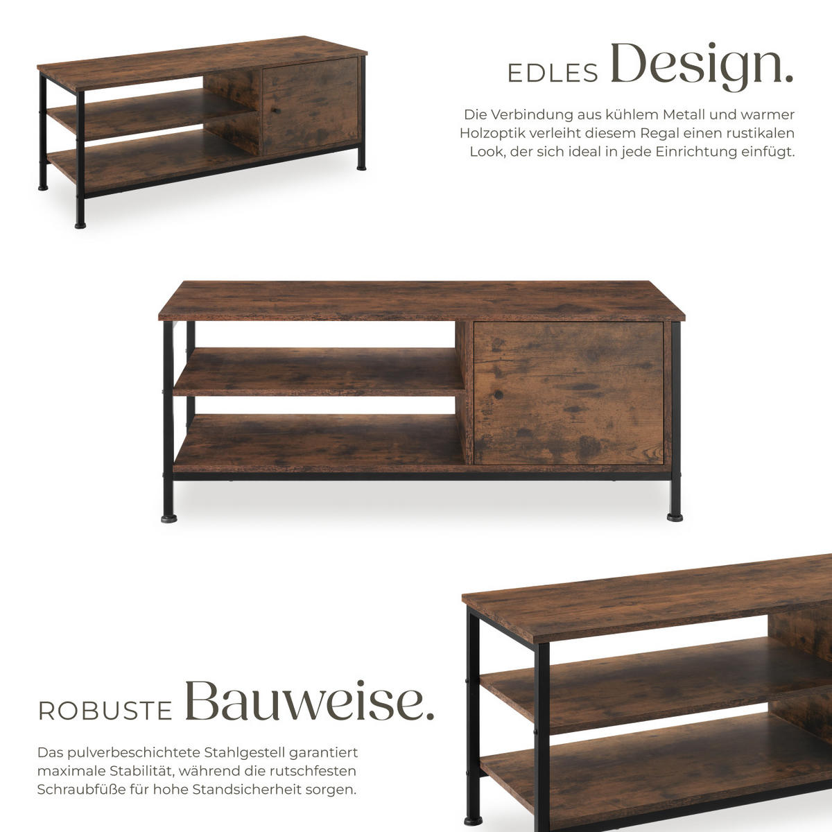 TV-REGAL Durban,110 x 40 x 45,5 cm,Industrial Holz dunkel, rustikal - Rostfarben, Holzwerkstoff (40/45.5/110cm) - tectake