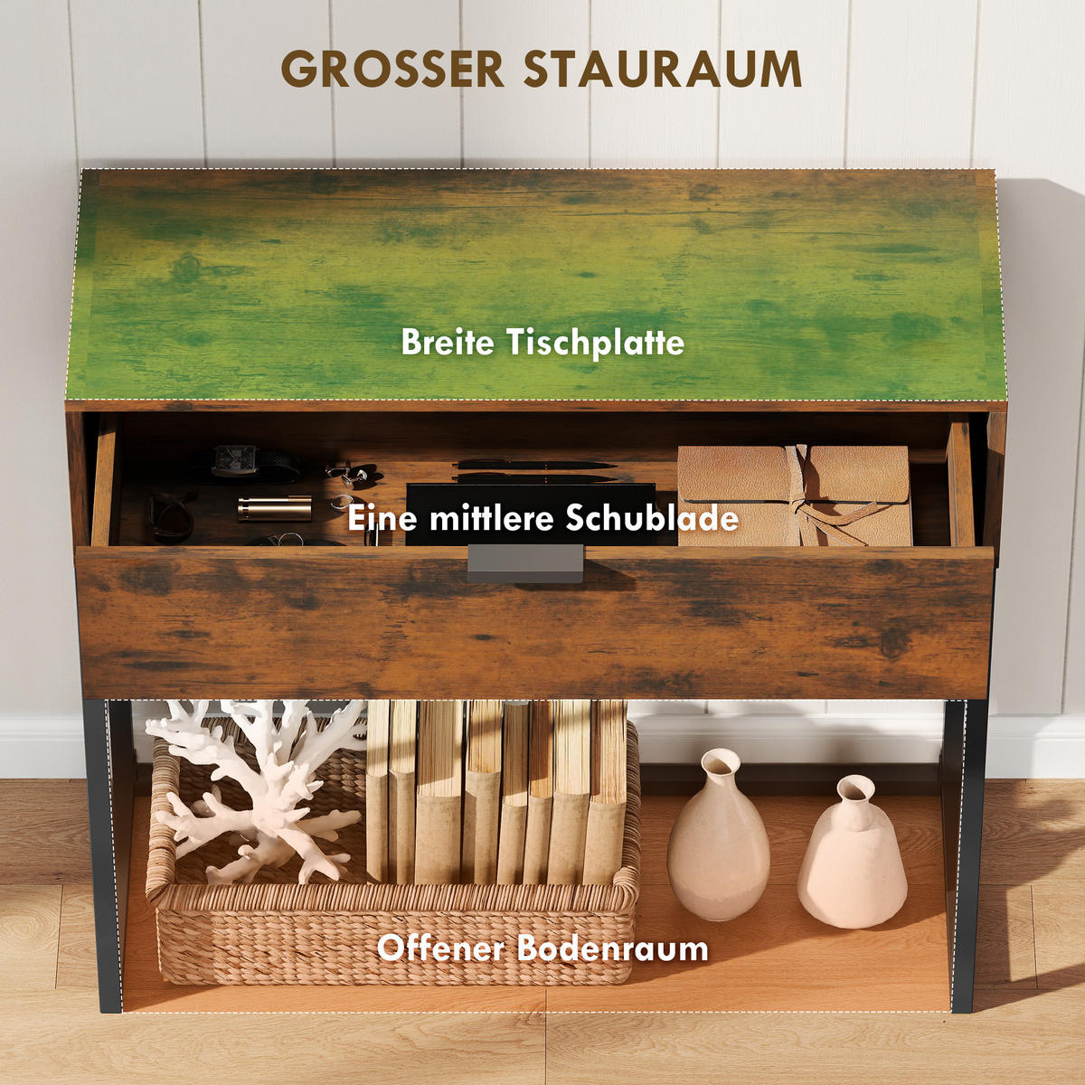 KONSOLENTISCH Flurtisch mit Schublade Stahlrahmen Beistelltisch Rustikal-Braun - Schwarz/Braun, Holzwerkstoff/Metall (80/30/76cm) - HOMCOM