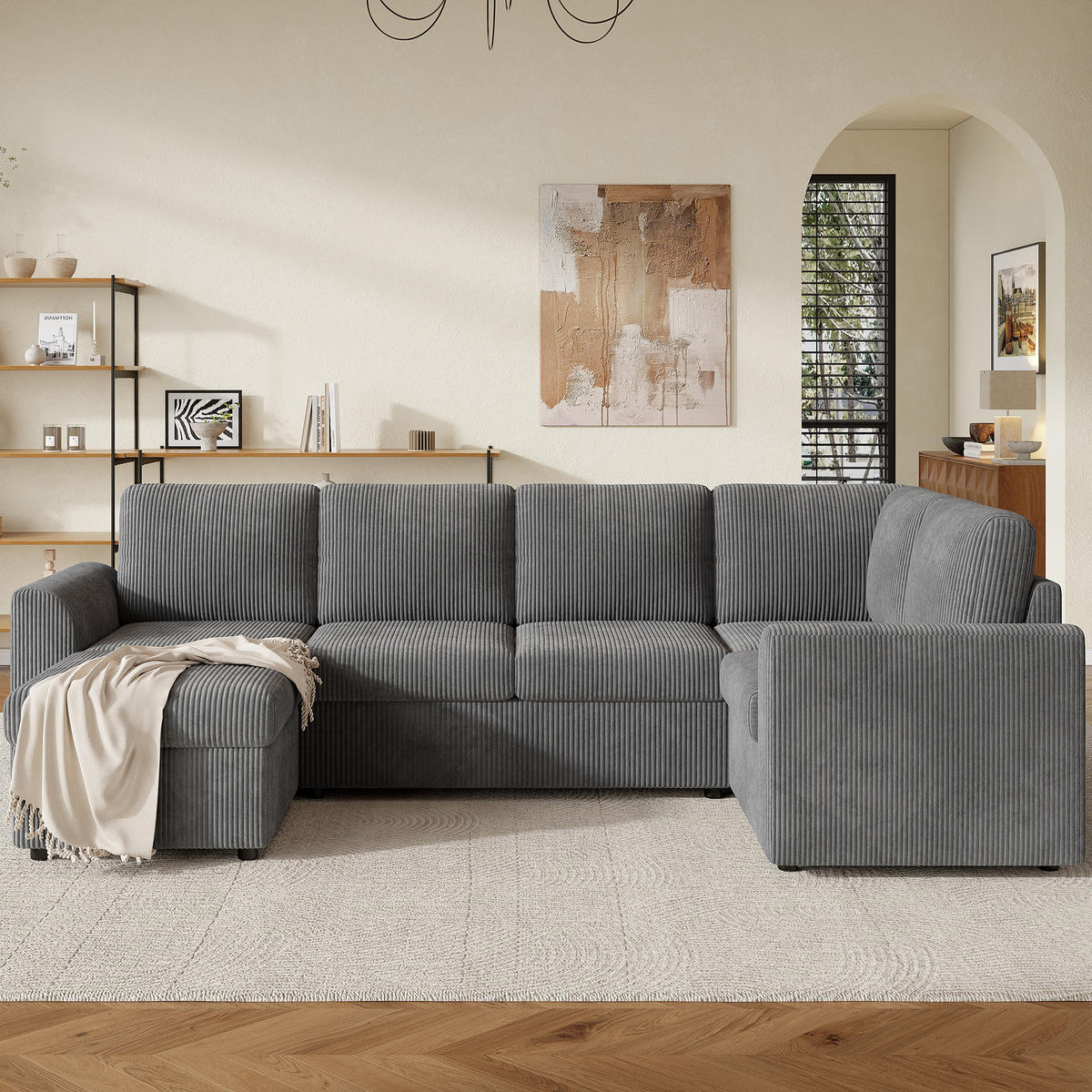 SOFA Grau L-Form Cord Ecksofa Hocker Schaumstoff 282cm - Grau, Textil (153/85/282cm) - FLIEKS