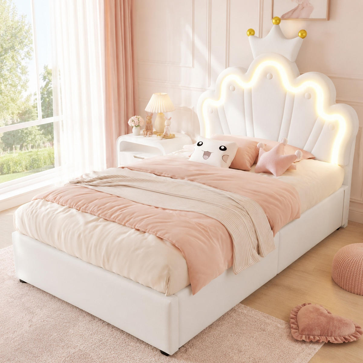 KINDERBETT 90/200 mit Bettkasten, LED-Lichtband, verstellbarem Kopfteil und Kronendesign in Weiß - Weiß, Holzwerkstoff/Textil (90/200cm) - EVRYAE