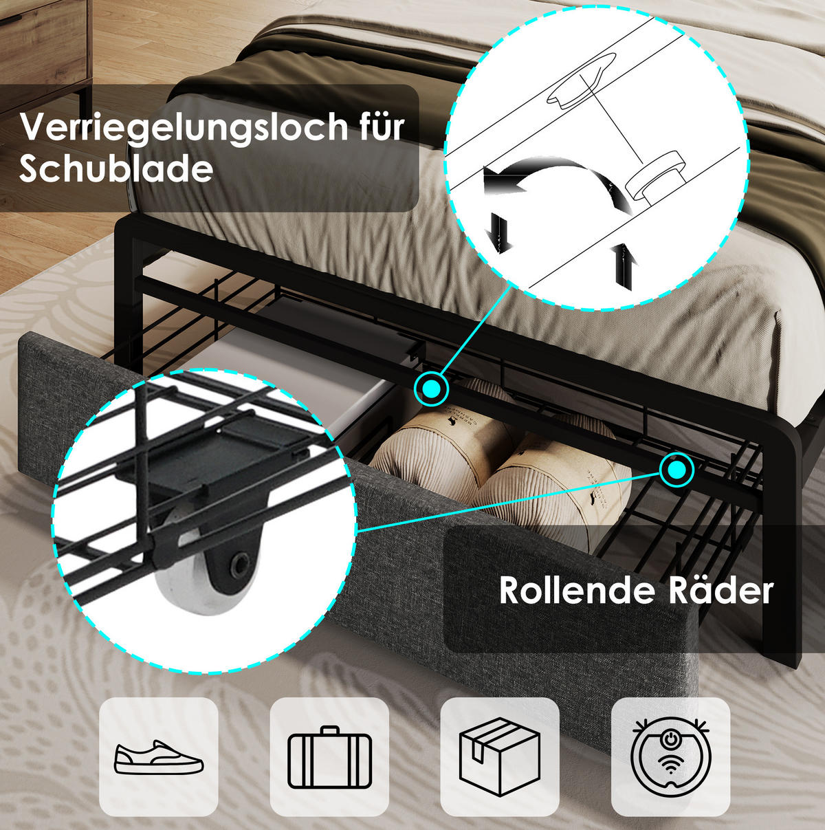 POLSTERBETT 90/200 cm mit LED, USB-C, Stauraum-Kopfteil, Schublade und Matratze, Grau - Grau, Textil (90/200cm) - Redom
