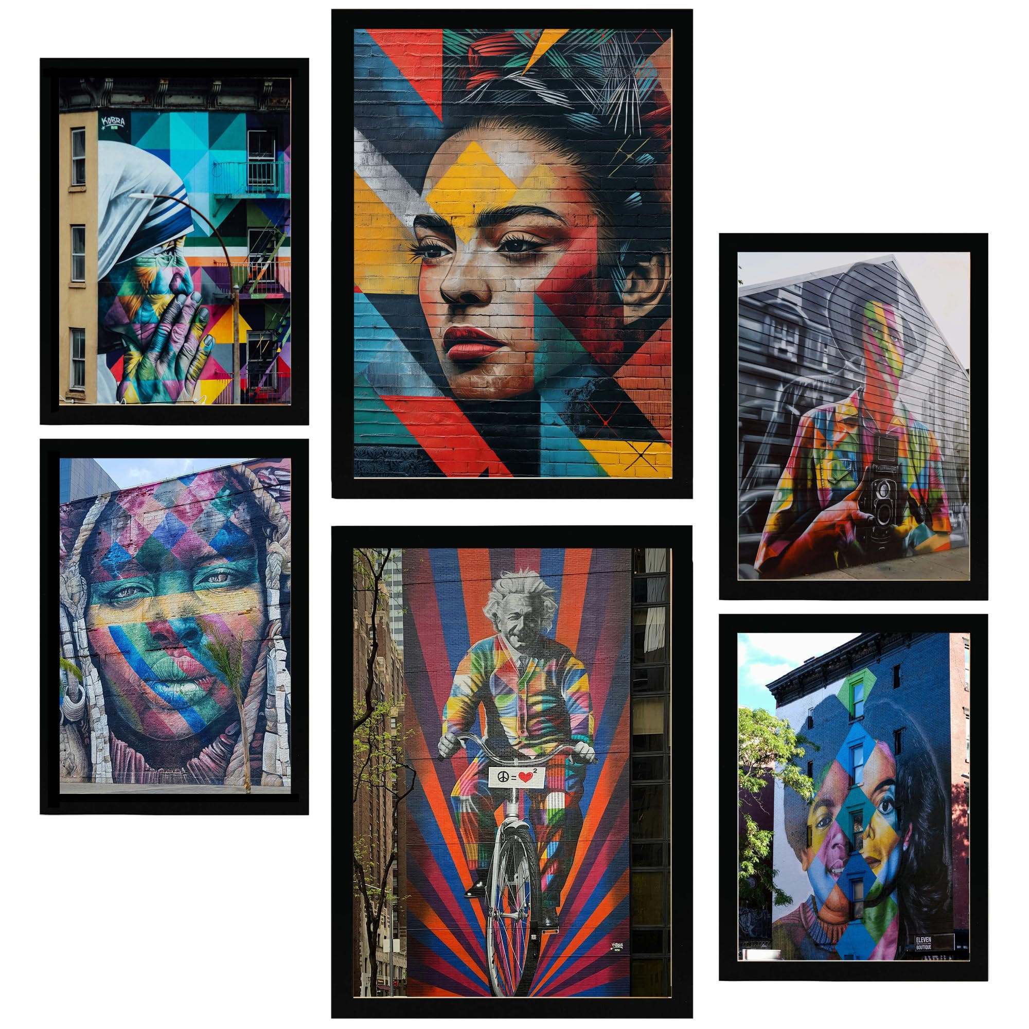 POSTER Set Mit 6 Graffiti Bunte Straßenkunst Frida Einstein Teresa Jackson A3 & A4 Schwarzer Rahmen - Schwarz, Papier (29/3cm) - Nacnic