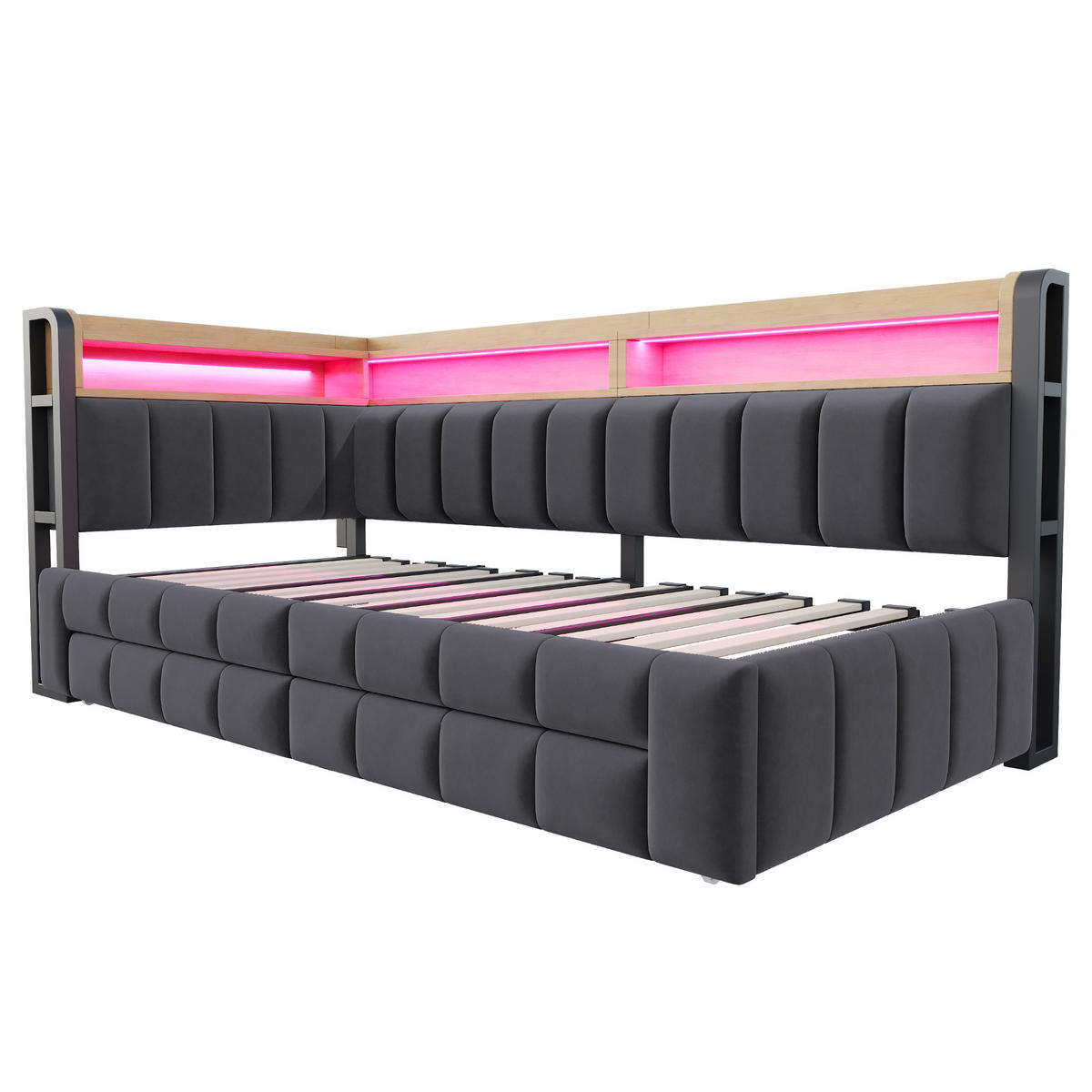 AUSZIEHBETT 90/180/200 cm DE-32703 mit Stauraum und LED Dunkelgrau - Dunkelgrau, Metall (90/200cm) - ComfortXL
