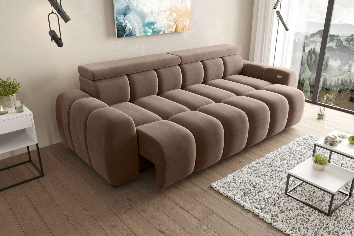 BIGSOFA ALESSIO Velours Taupe mit elektrischer Sitztiefenverstellung - Taupe, Kunststoff/Textil (248/77/108cm) - 99rooms
