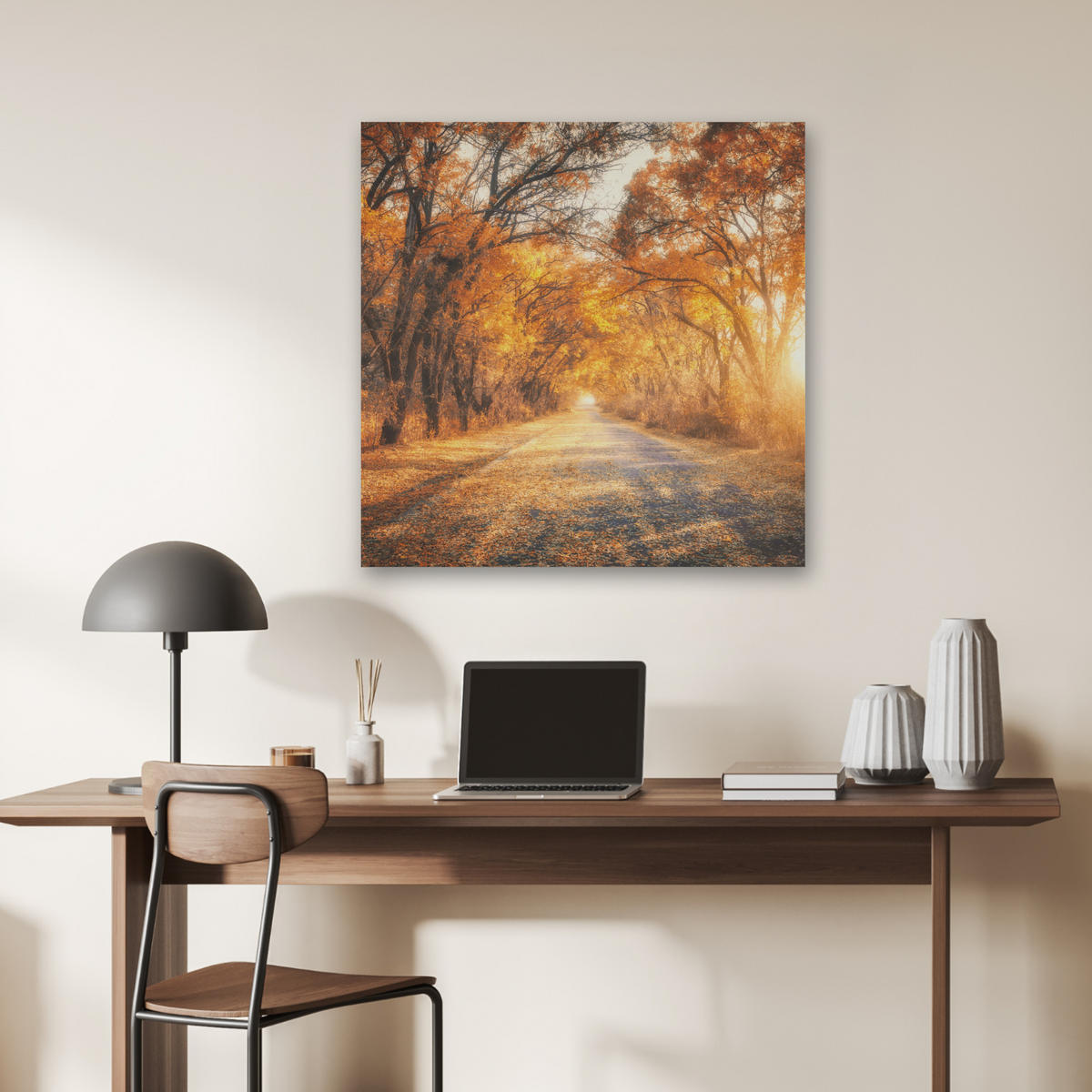 AKUSTIKBILD Wald - Herbst - Bäume - Waldweg - Natur Akustikpaneele 80x80 cm - Bernsteinfarben, Kunststoff (80/80/0.9cm) - MuchoWow