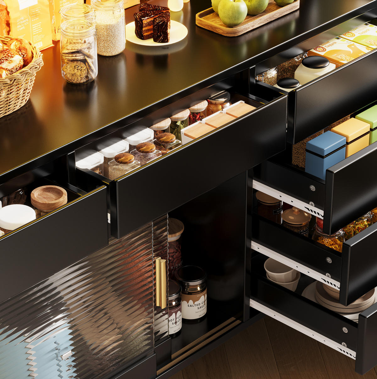 BUFFET 145/171/39 cm Schwarz aus MDF und Glas mit LED-Beleuchtung - Schwarz, Holzwerkstoff (39/171/145cm) - OKMYHOME