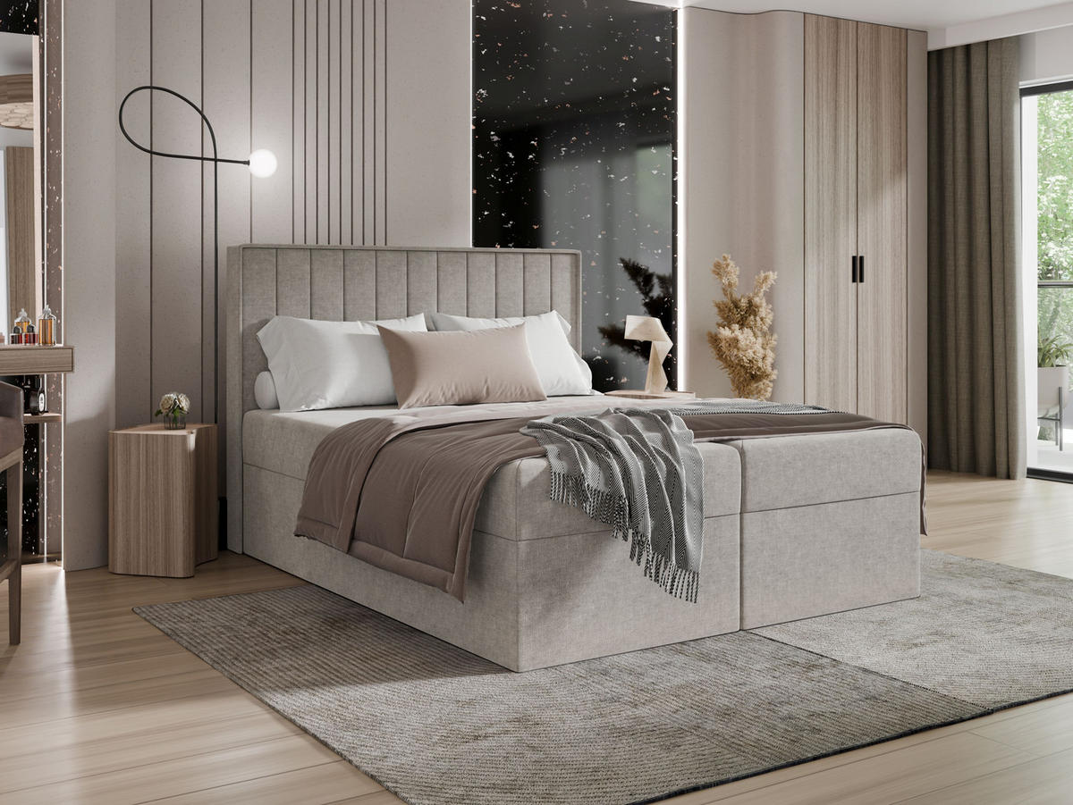 BOXBETT - Taschenmatratze + Topper 160x200 elfenbein Chenille - Creme, Holz/Holzwerkstoff (160/200cm) - SIMKAM Furniture