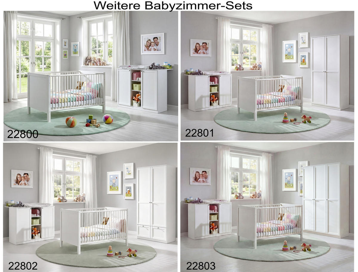 BABYZIMMER-SET 3-tlg.: Babybett & Wickelkommode & Kleiderschrank 3-türig mit Schubladen B135/H200/T58 cm, Soft-Close, Landhausstil Weiß / 22804 - Silberfarben/Weiß, Holzwerkstoff/Metall (76/83/146cm) - luma-home