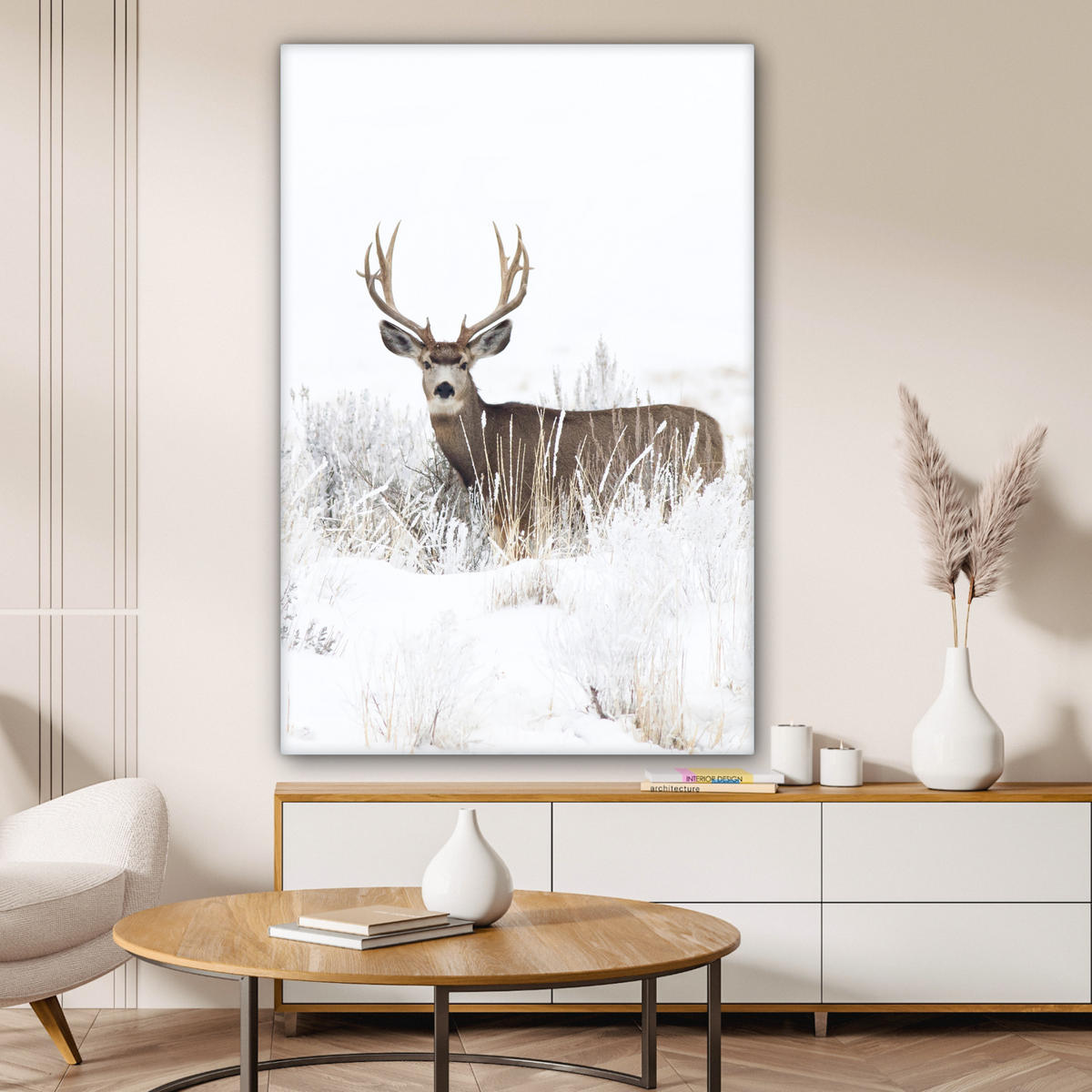 LEINWANDBILD Hirsche - Winter - Schnee - Tiere - Jahreszeiten - Weiß 80x120 cm - Hellbraun, Textil (80/120cm) - MuchoWow