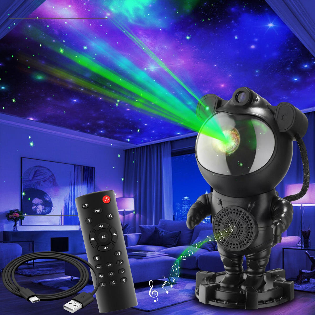 LED-STERNENHIMMEL-PROJEKTOR Astronaut,Bluetooth- und Music-Funktion mit 8 Sounds sowie Timer,schwarz - Schwarz, Kunststoff (11.5/12/23.5cm) - tectake