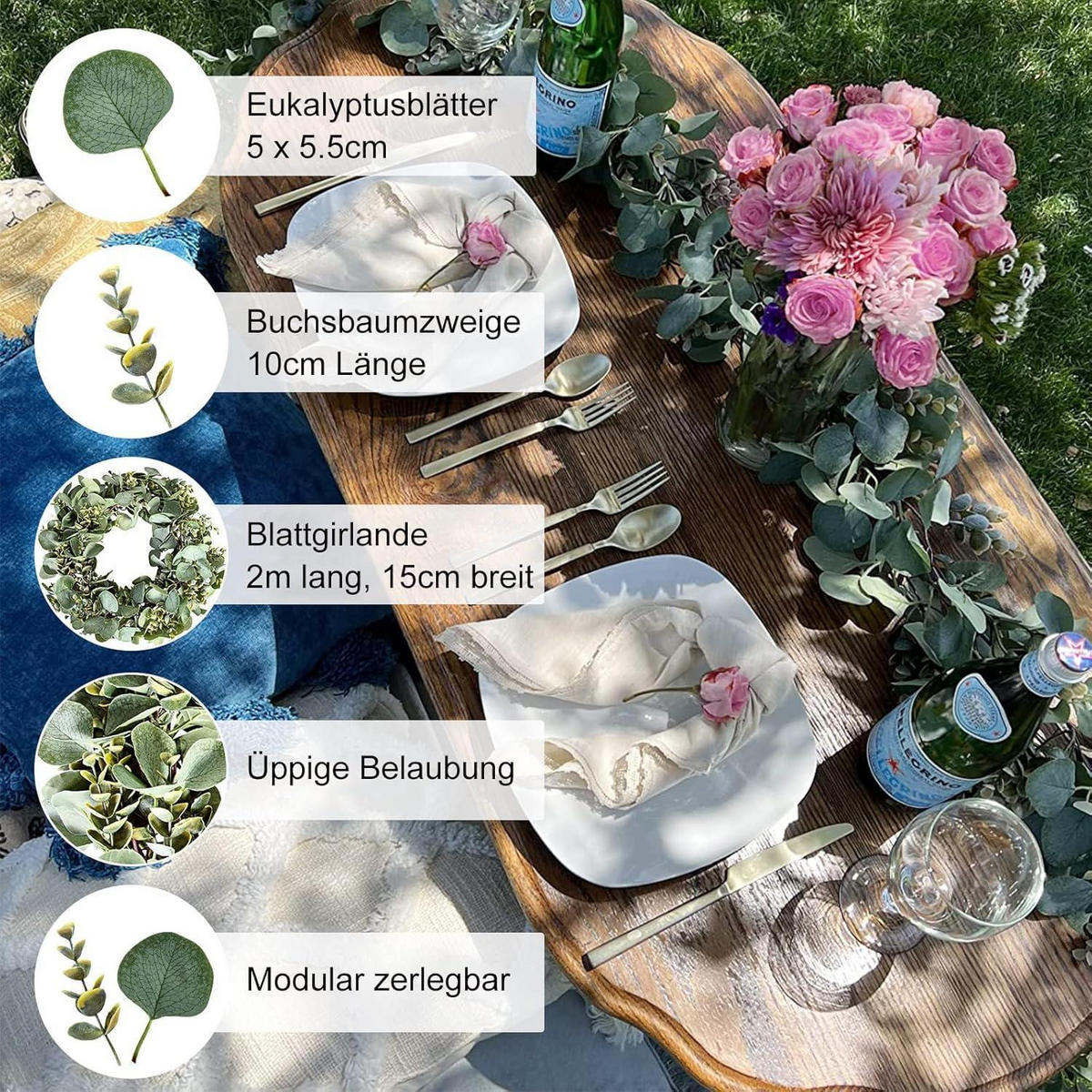 GIRLANDE Eukalyptus 2 m Grün mit Weißen Blumen - Grün, Kunststoff (10cm)