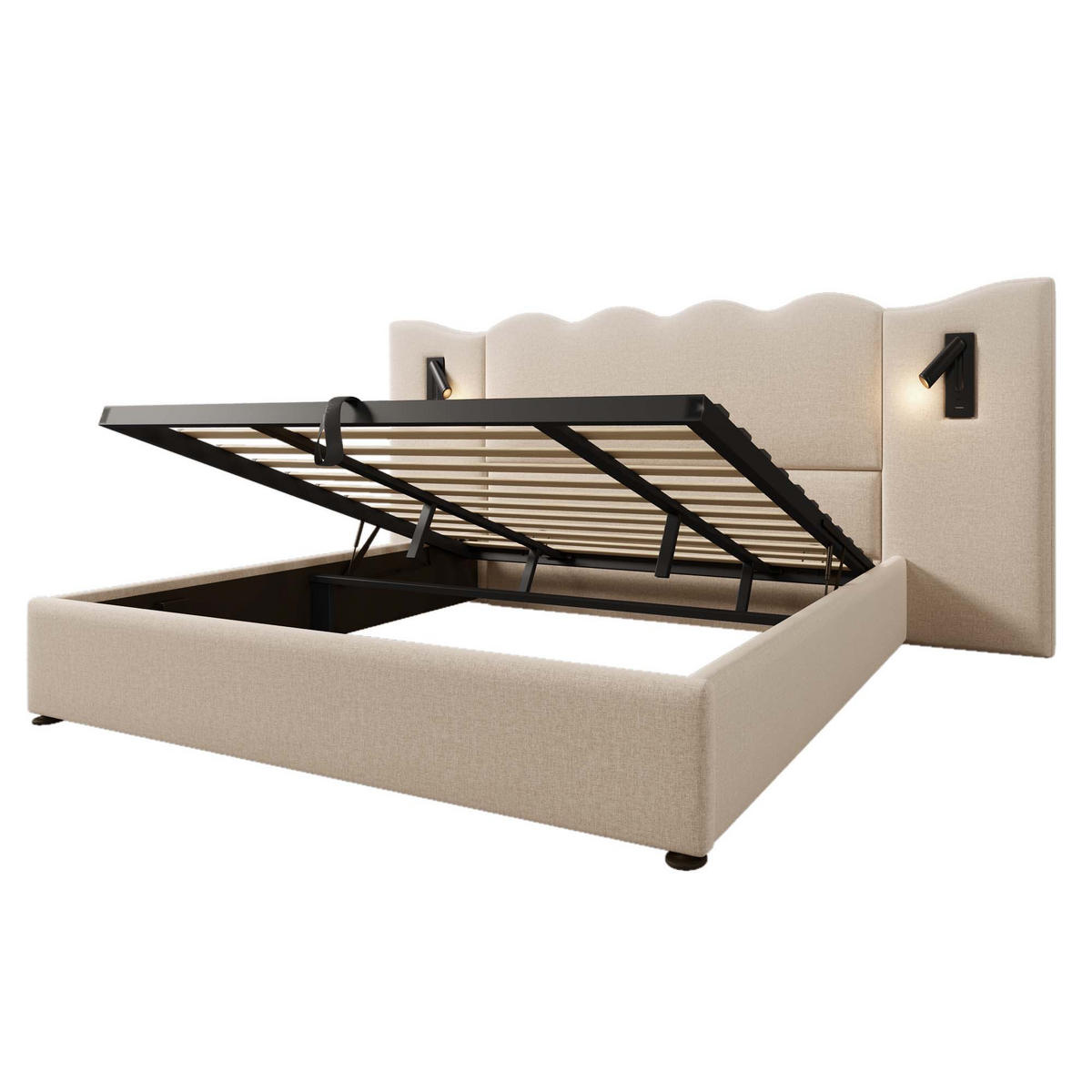 POLSTERBETT 180/200 cm mit USB-C, Leselampe und hydraulischem Bettkasten aus Leinen, Beige - Beige, Leder (180/200cm) - Redom