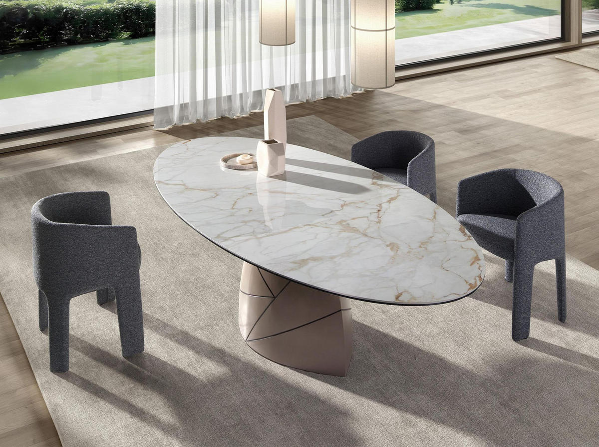 OVALER Esstisch aus Keramikmarmor und taupefarbenem Metallstahl - Taupe/Gelb, Keramik/Stein (120/240/76cm) - ANGEL CERDA