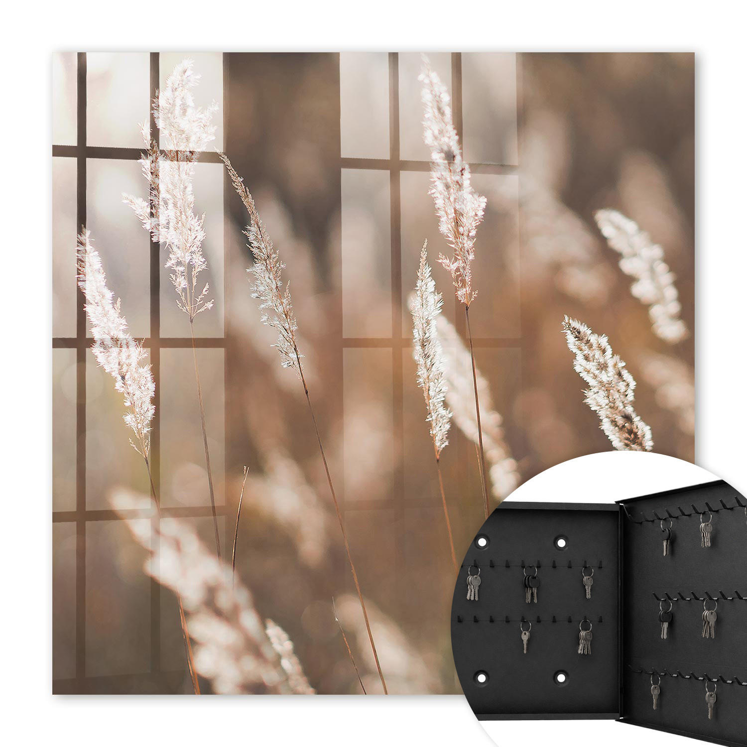 SCHLÜSSELBOX Schwarz 30x30 cm- Türöffnung nach rechts - Gräser auf der Wiese - Beige, Metall (30/30/5cm) - TULUP