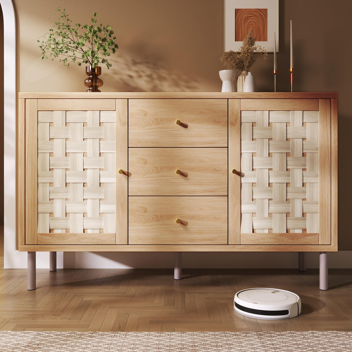SIDEBOARD in Naturfarben Kommode mit 2 Türen, 3 Schubladen, Metallbeinen & verstellbaren Böden,B120/T40/H75cm - Naturfarben/Weiß, Holzwerkstoff/Metall (120/70/40cm) - STILVORA