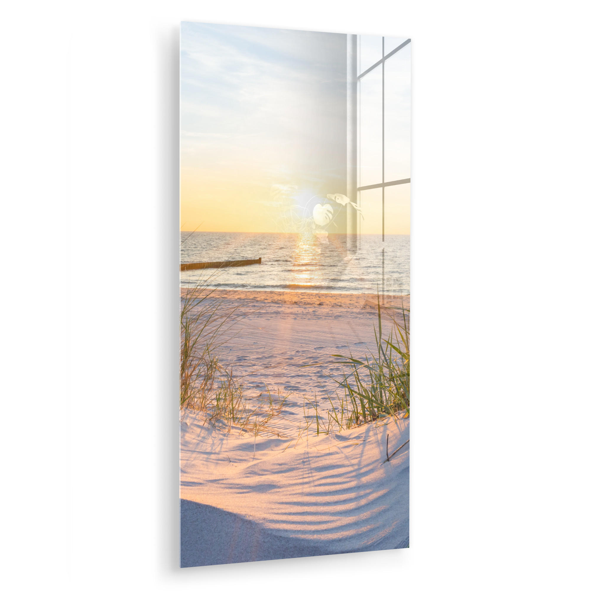 ACRYLGLASBILD Strand - Sonne - Düne - Gras - Sand - Horizont 60x120 cm - Hellblau, Glas (60/120cm) - MuchoWow