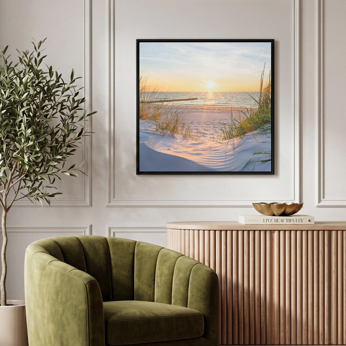 LEINWAND Bilder mit Rahmen - Strand - Sonne - Düne - Gras - Sand - Horizont - 50x50 - Hellblau, Textil (50/50cm) - MuchoWow