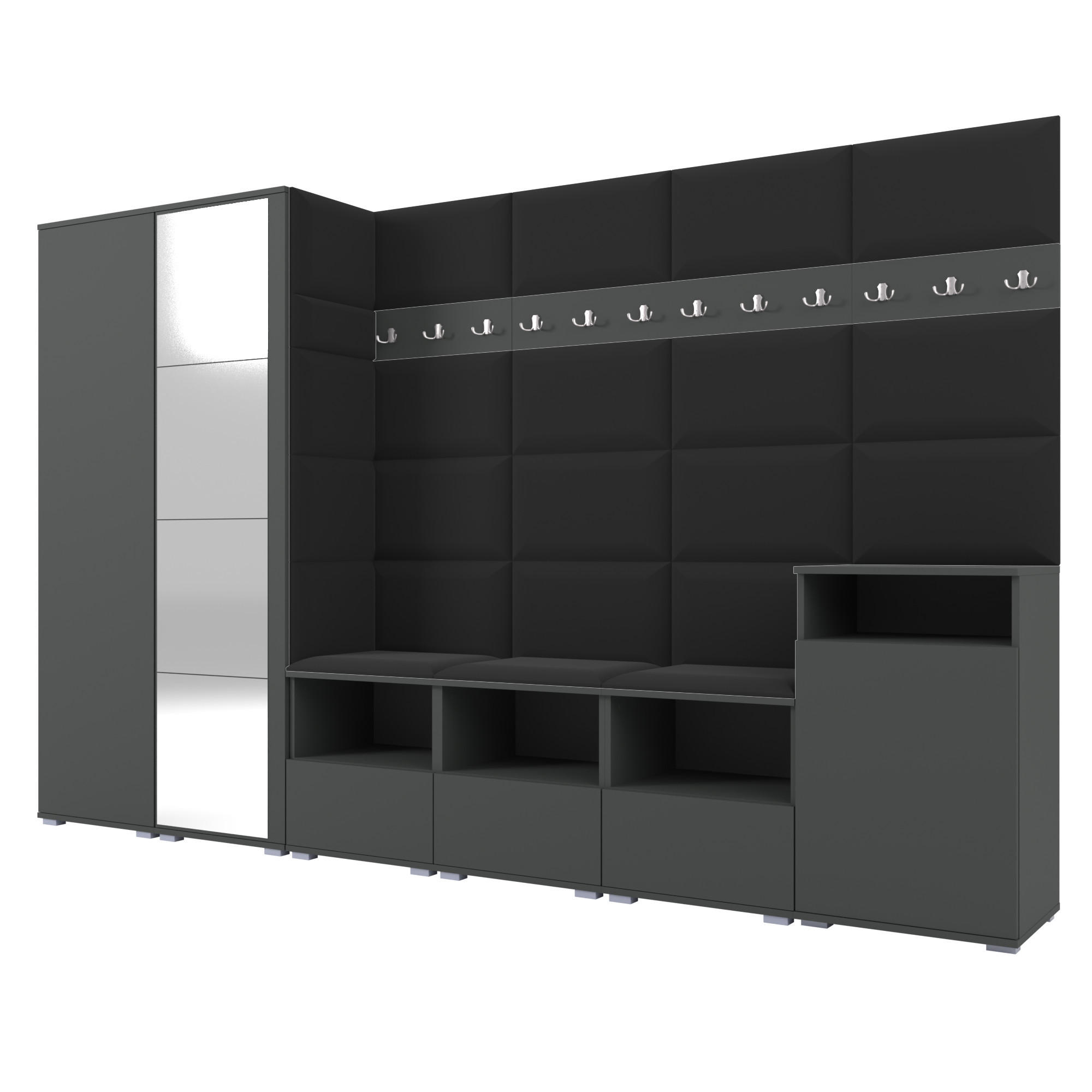 GARDEROBE NELA XII 300 cm (Modulare Flurmöbel Graphit mit Spiegel & Sitzpolster Schwarz 16 Gigantisches Set) - Silberfarben/Schwarz, Holz/Holzwerkstoff (300/187/40cm) - Ravio