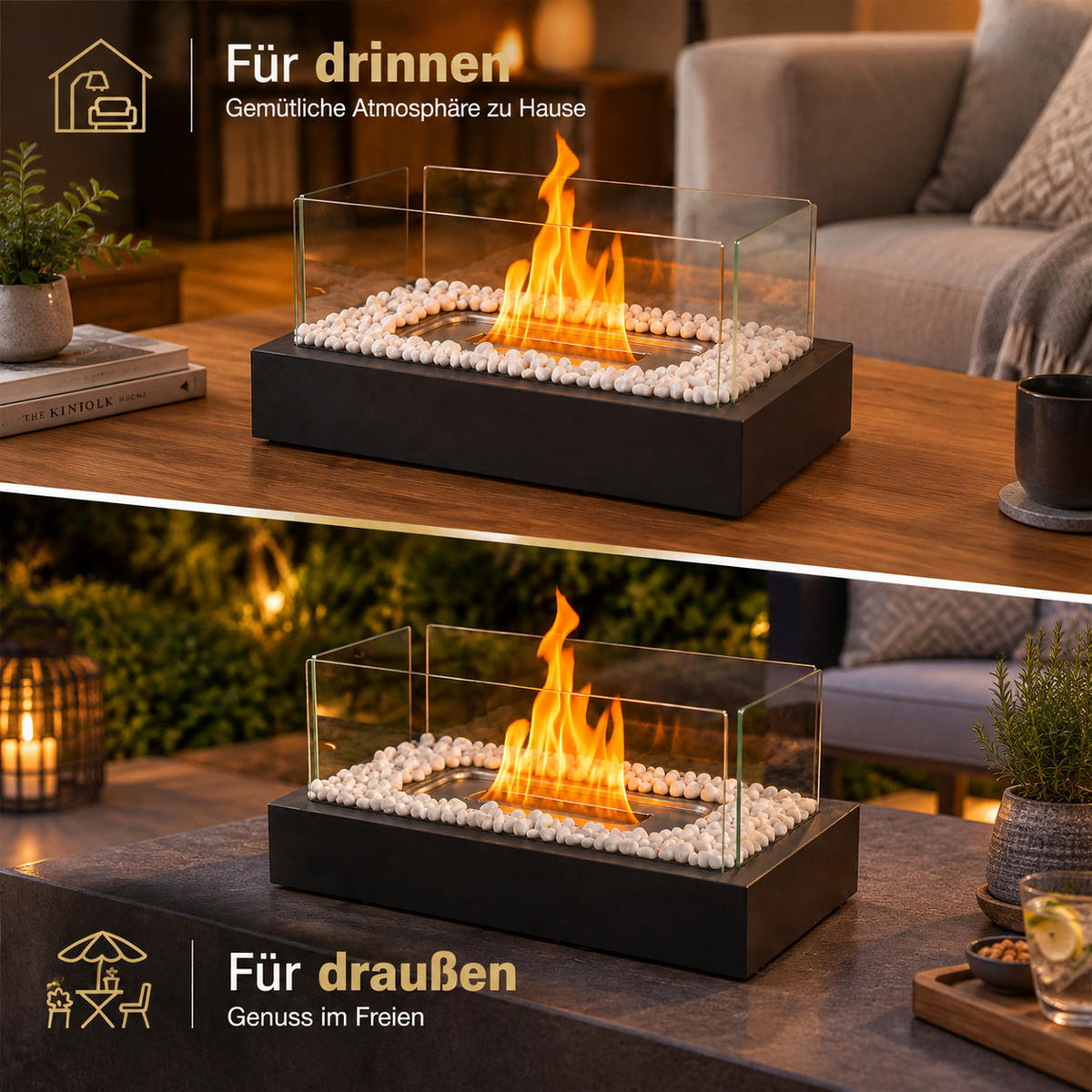 TISCHKAMIN Ilyvmar 35/18/15 cm - Schwarz, Glas/Metall (18/15/35cm) - ZMH