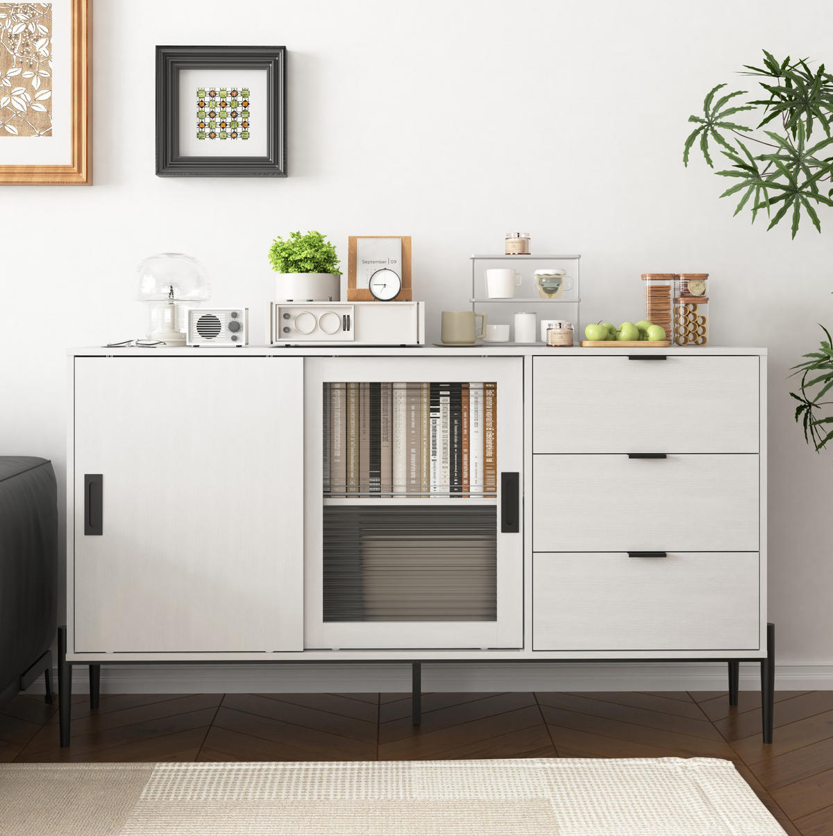 SIDEBOARD aus Holzwerkstoff 155x40x91 cm Weiß mit geriffeltem Glas, 3 Schubladen und 2 Türen, klassisches Design - Weiß, Holzwerkstoff (155/91.5/40cm) - Modfu